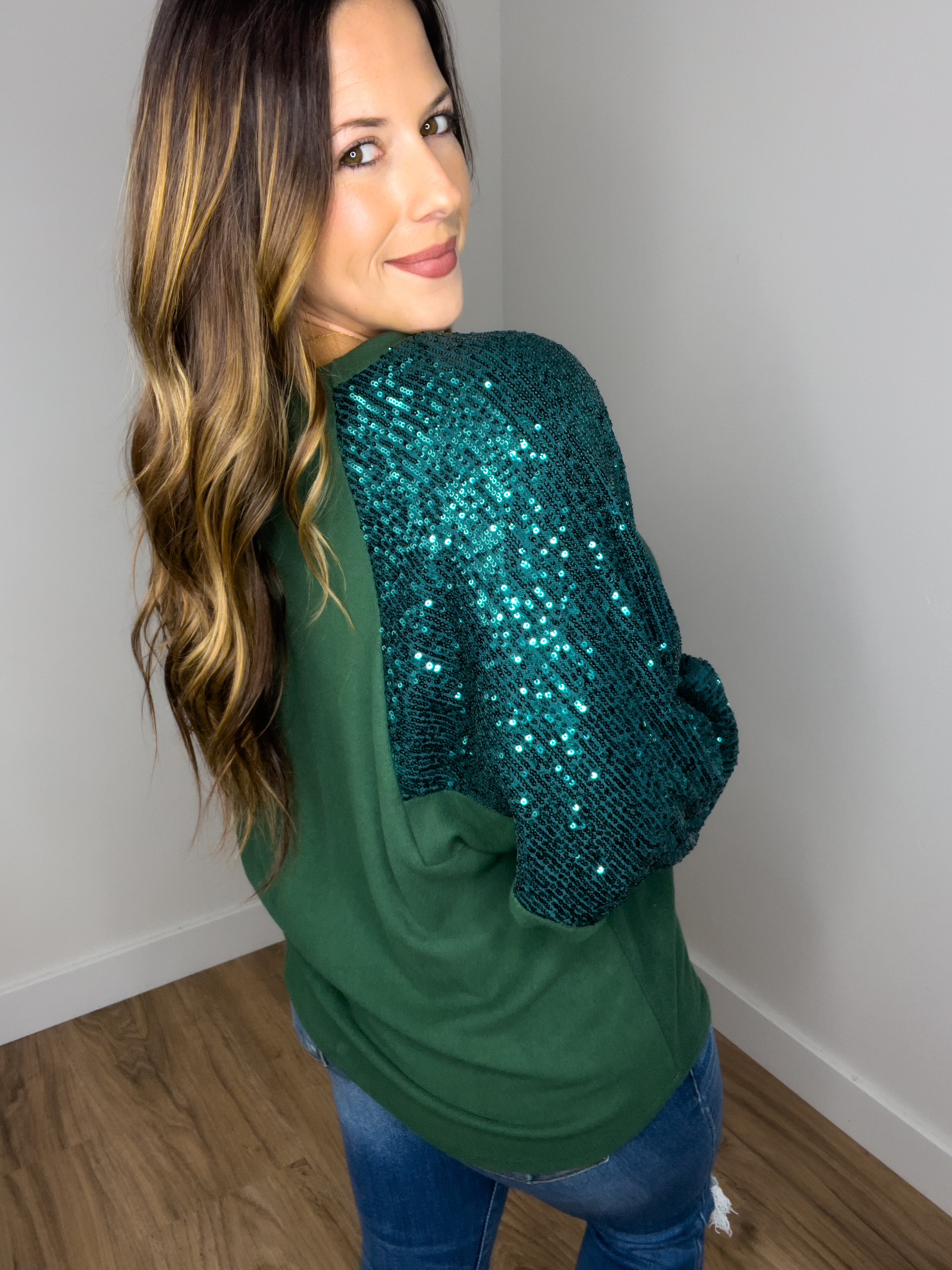 ** DOORBUSTER ** Holiday Party Sequin Top - Hunter Green