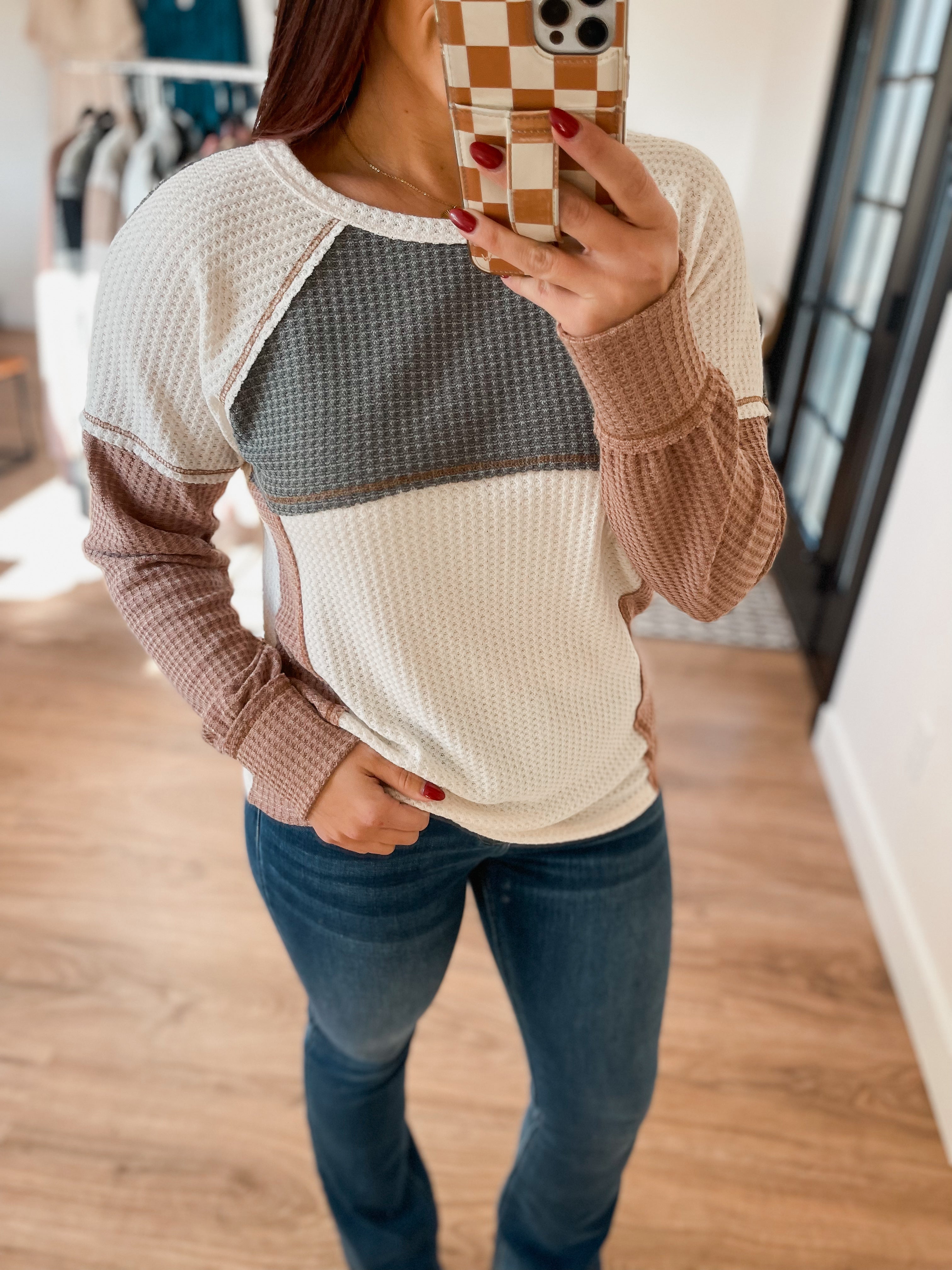 Bibi Waffle Knit Colorblock Top - Ivory/Olive/Camel