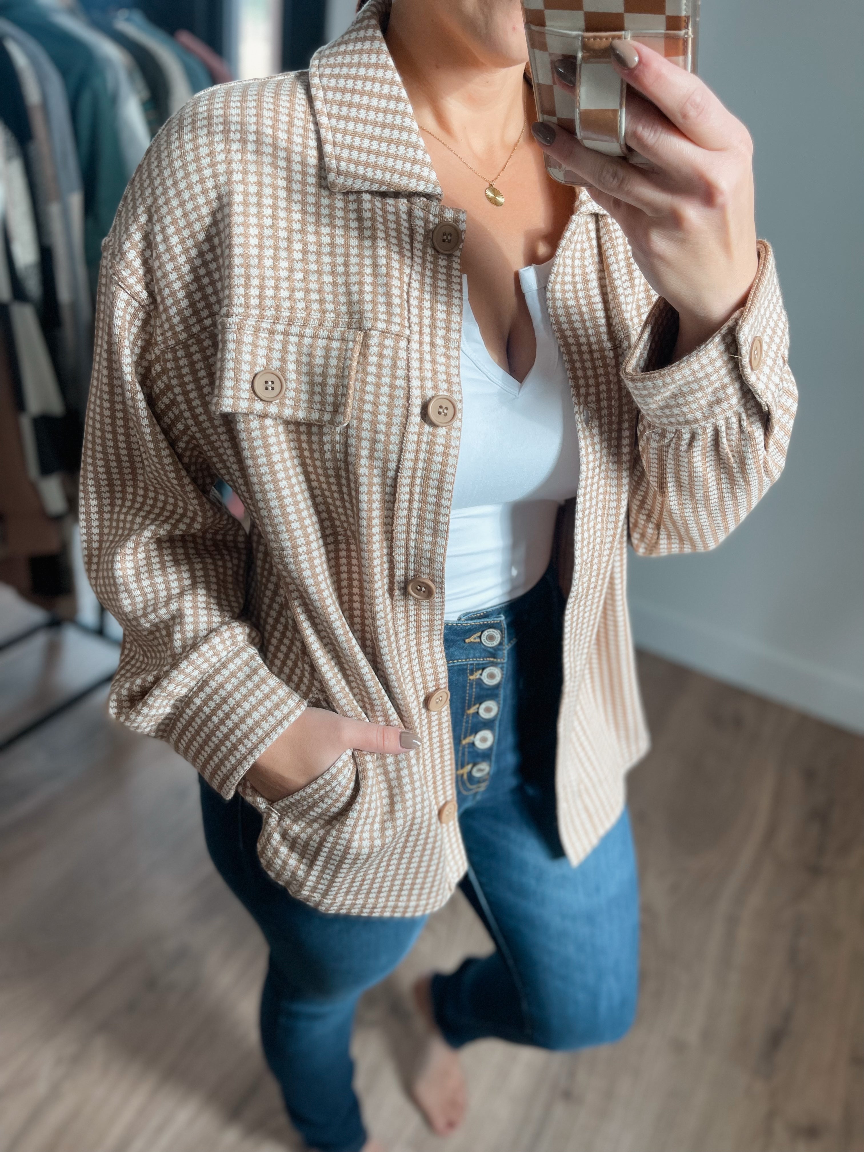 Charity Double Knit Checkered Shacket - Taupe