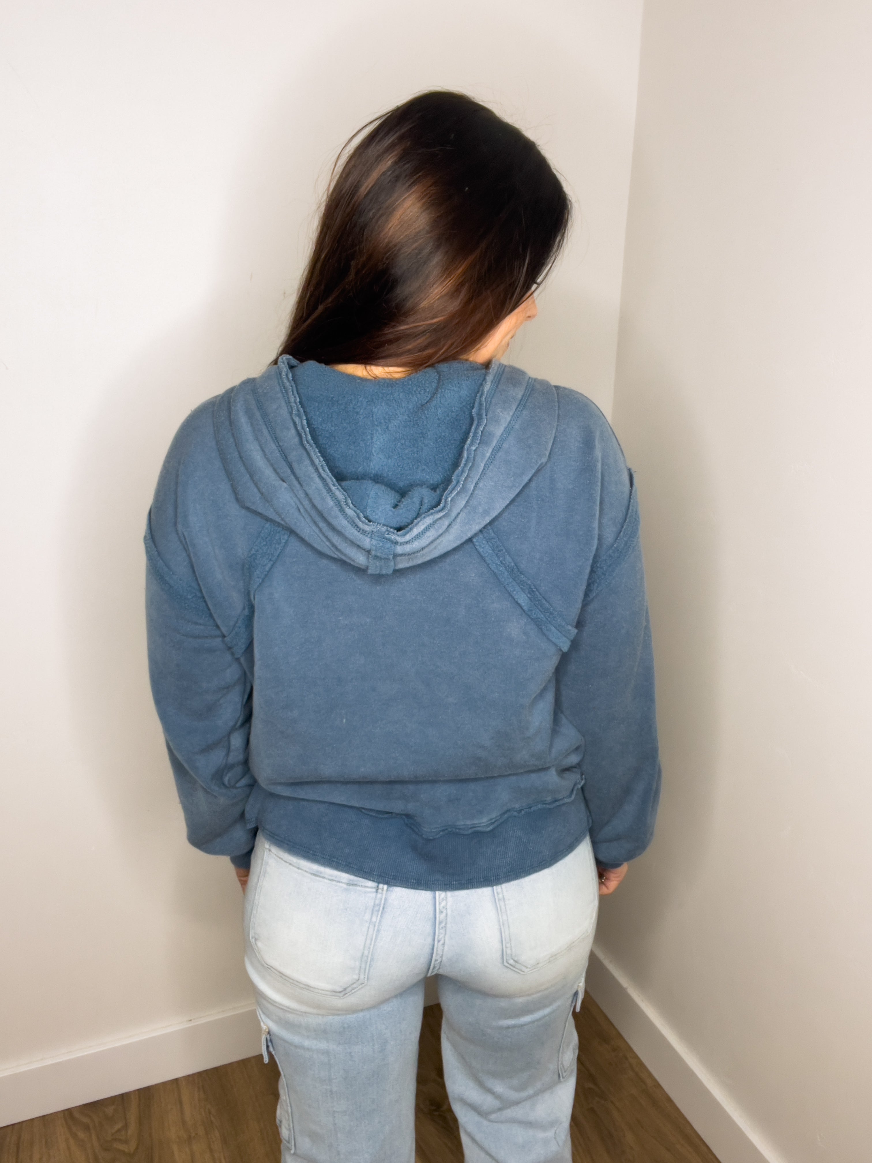 Oversized French Terry Knit Hoodie - Denim Blue