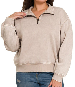 CURVY Ava Acid Wash Half Zip Pullover - Ash Mocha