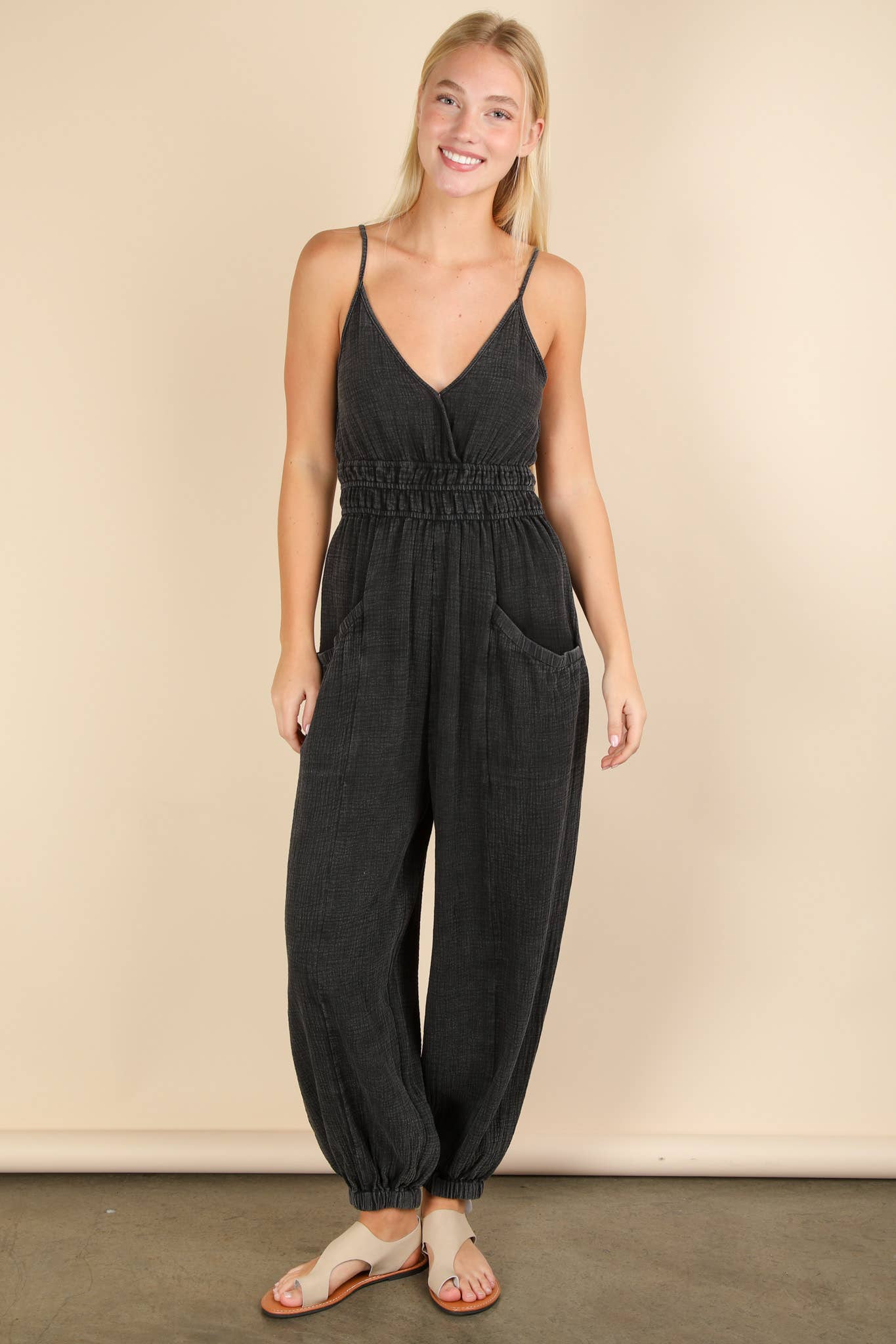 Morgan Mineral Washed Cotton Gauze Casual Jumpsuit - Black