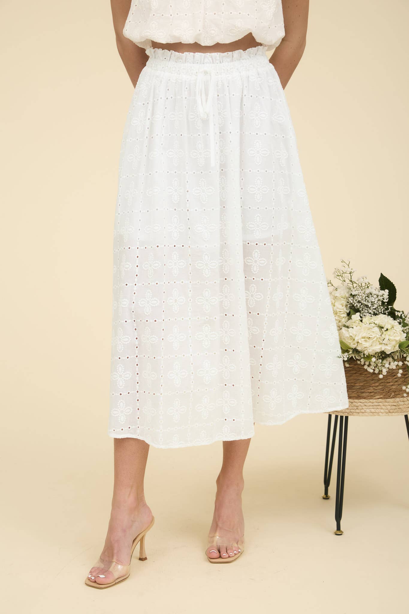 Eyelet Ruffle Detail Midi Skirt - White