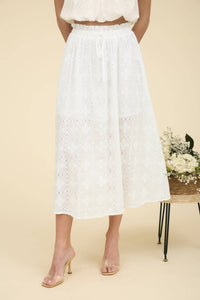 Eyelet Ruffle Detail Midi Skirt - White