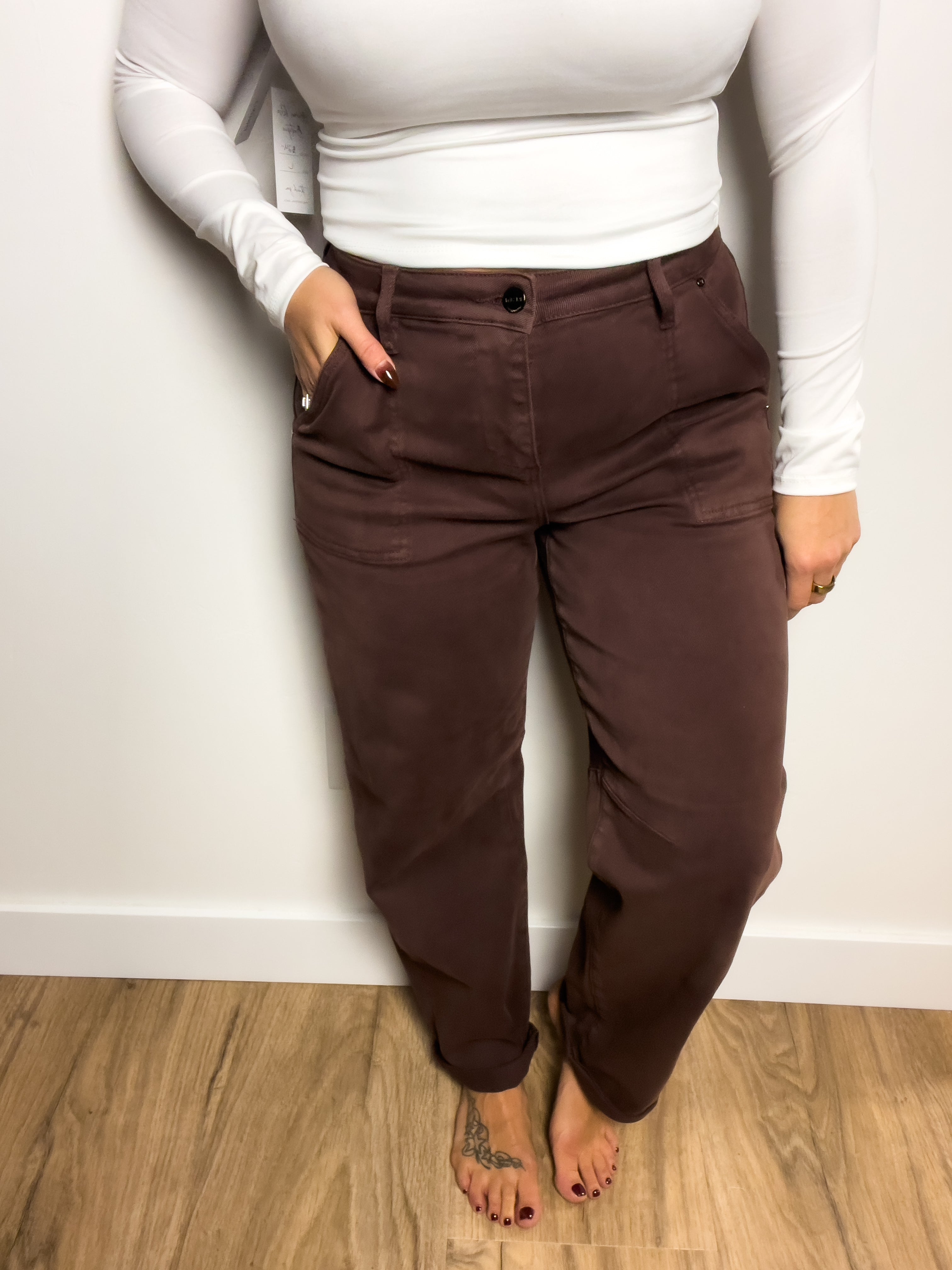 Coffee High Rise Barrel Pants - Brown