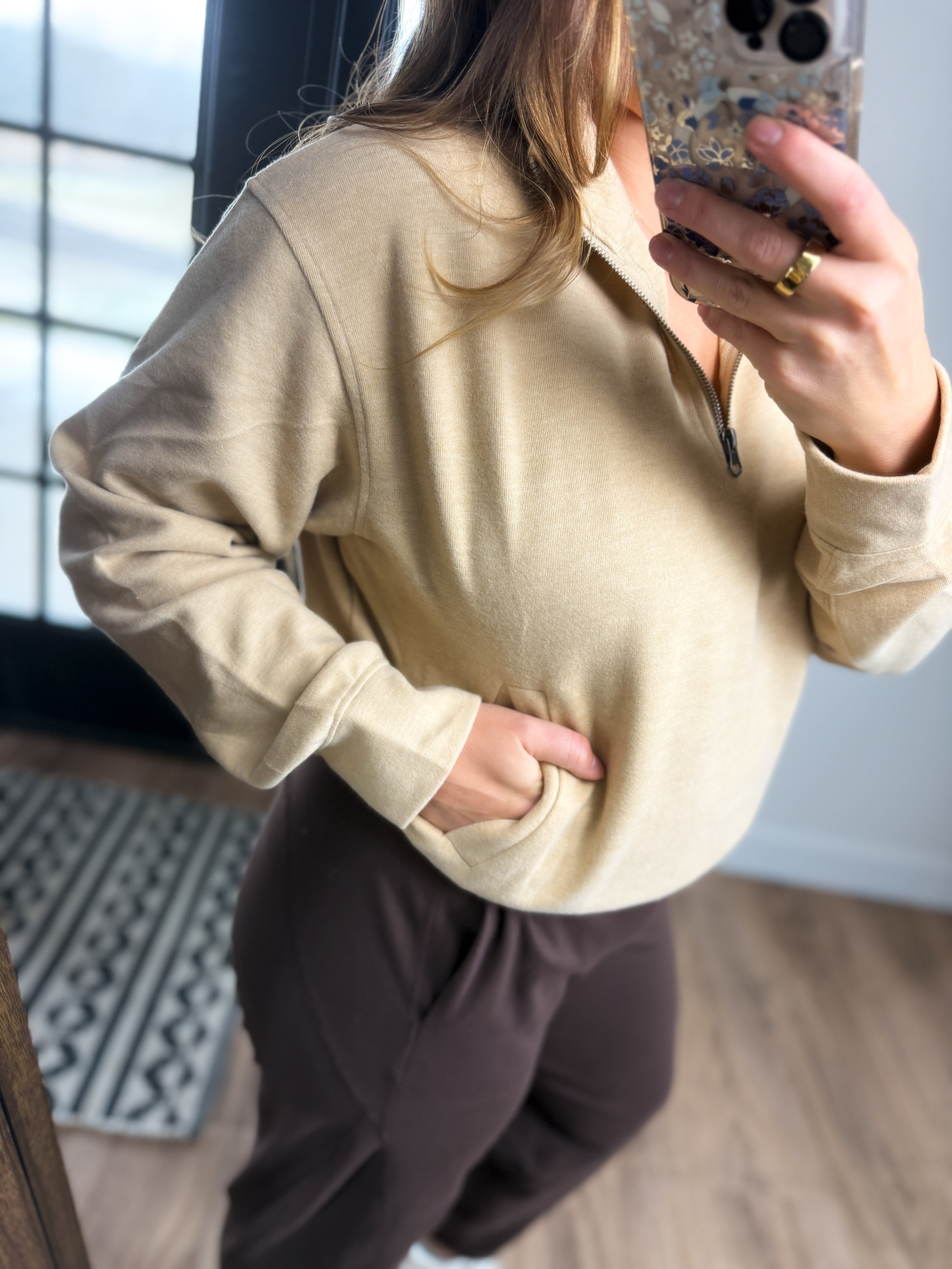 **DOORBUSTER** Half Zip Sweatshirt With Front Pockets - Taupe