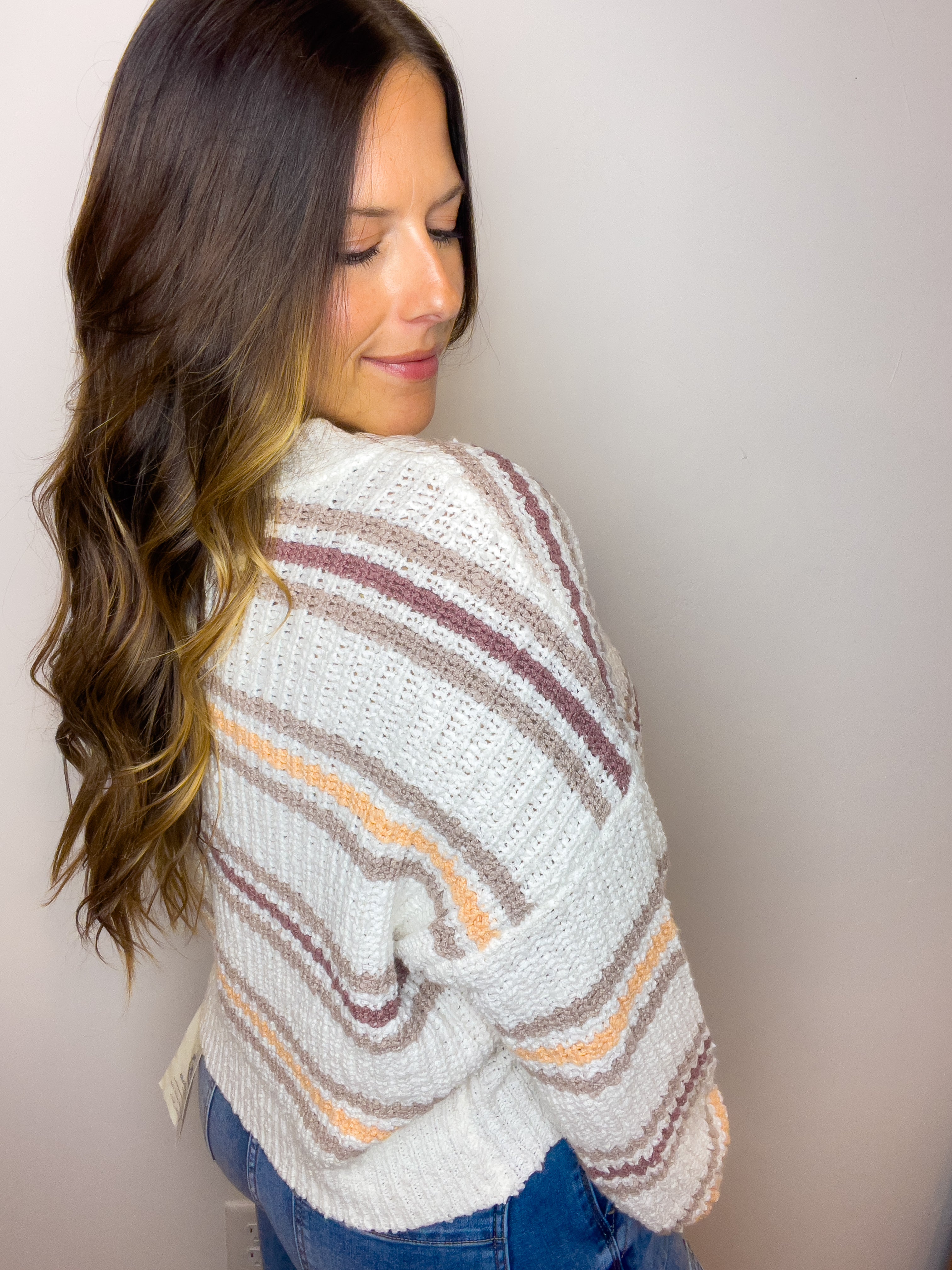 Knit Striped Sweater Long Sleeve Mock Neck Pullover