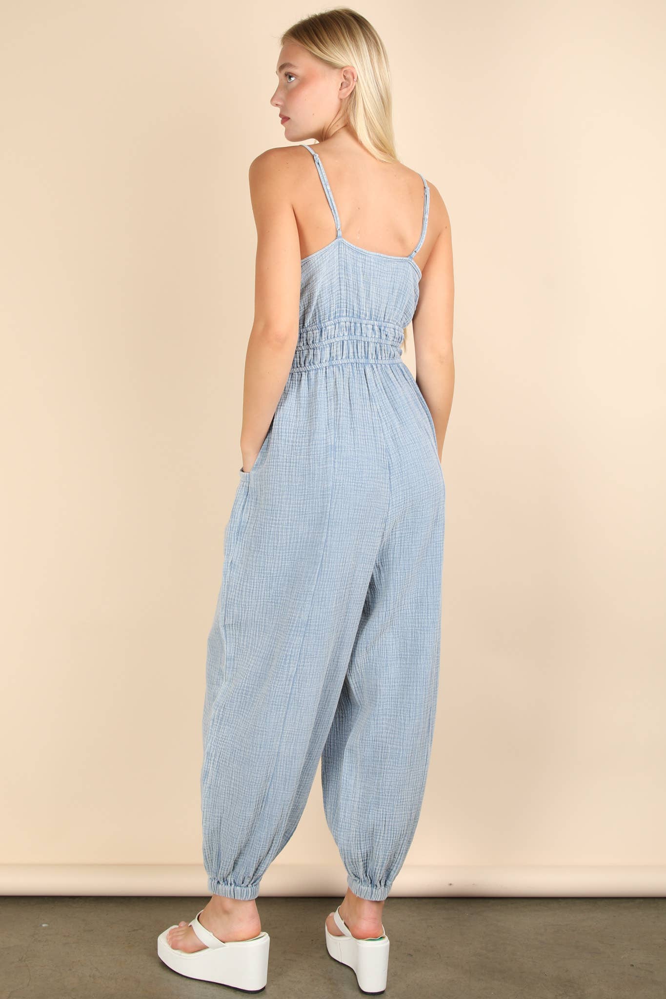 Morgan Mineral Washed Cotton Gauze Casual Jumpsuit - Denim Blue