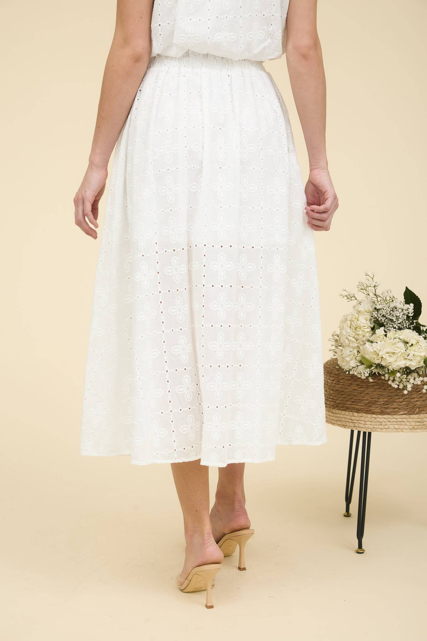 Eyelet Ruffle Detail Midi Skirt - White