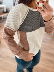 Bibi Waffle Knit Colorblock Top - Ivory/Olive/Camel