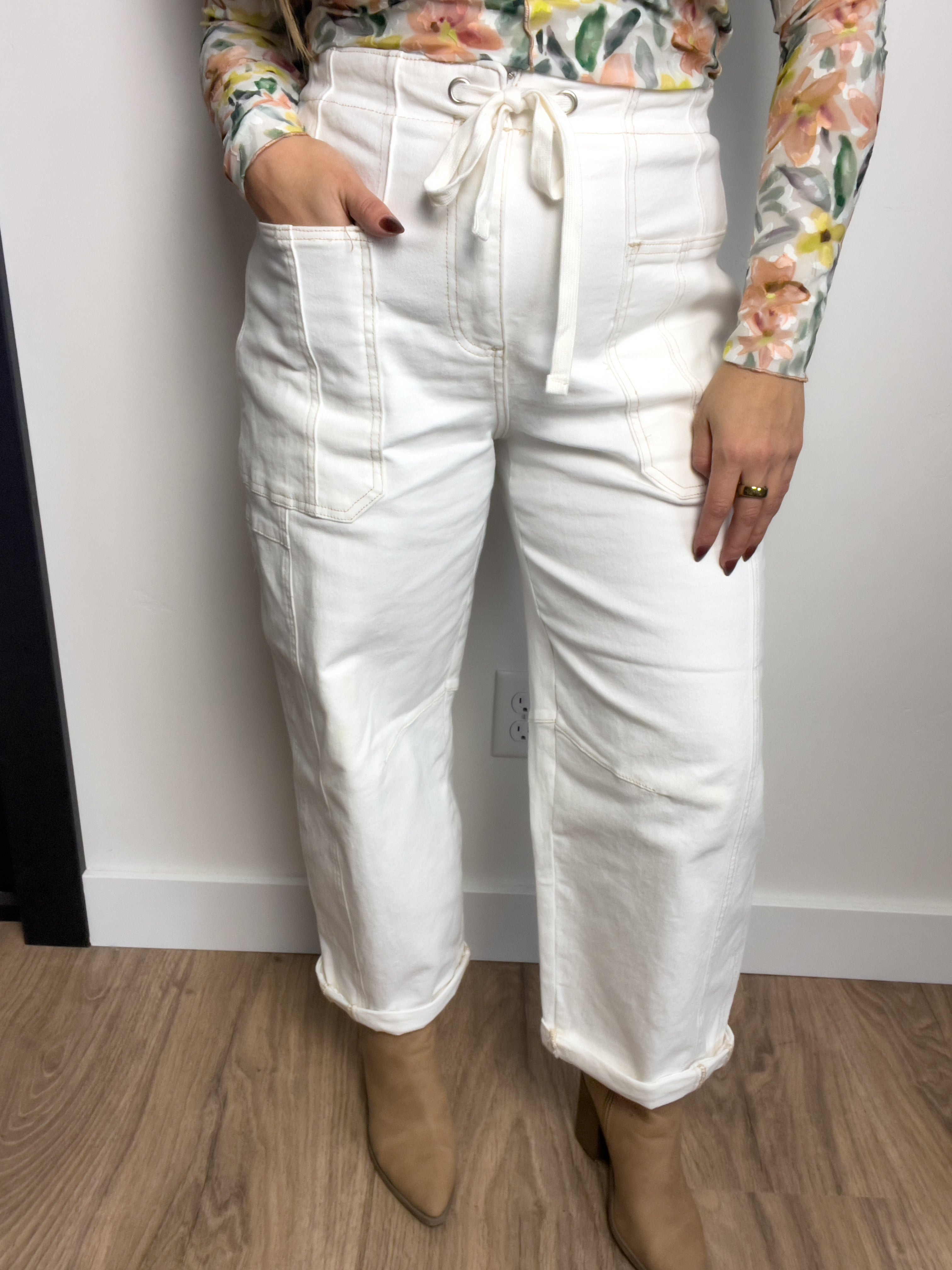 Hillary High Rise Cropped Barrel Pants - Cream