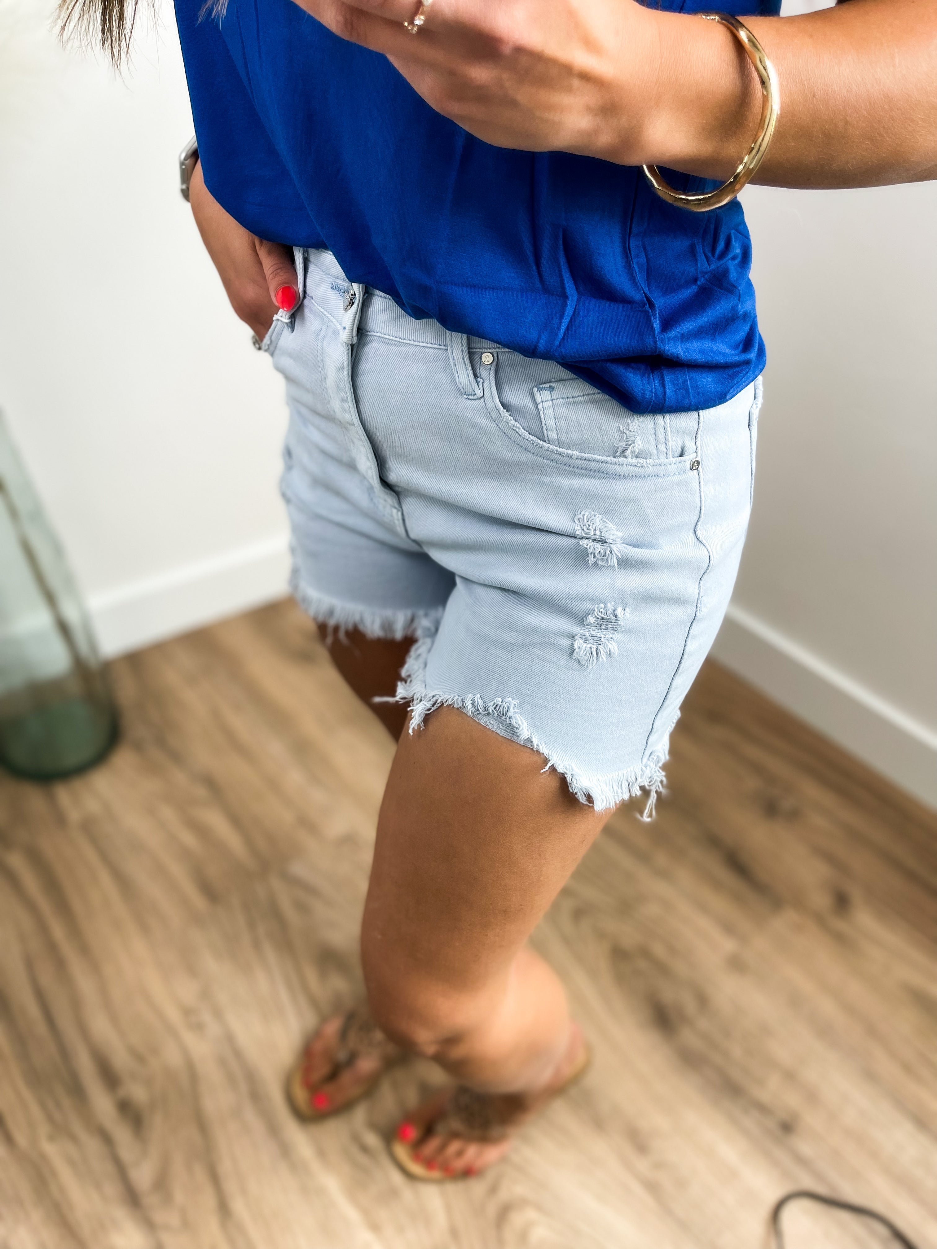High Rise Distressed Shorts - Ice Blue