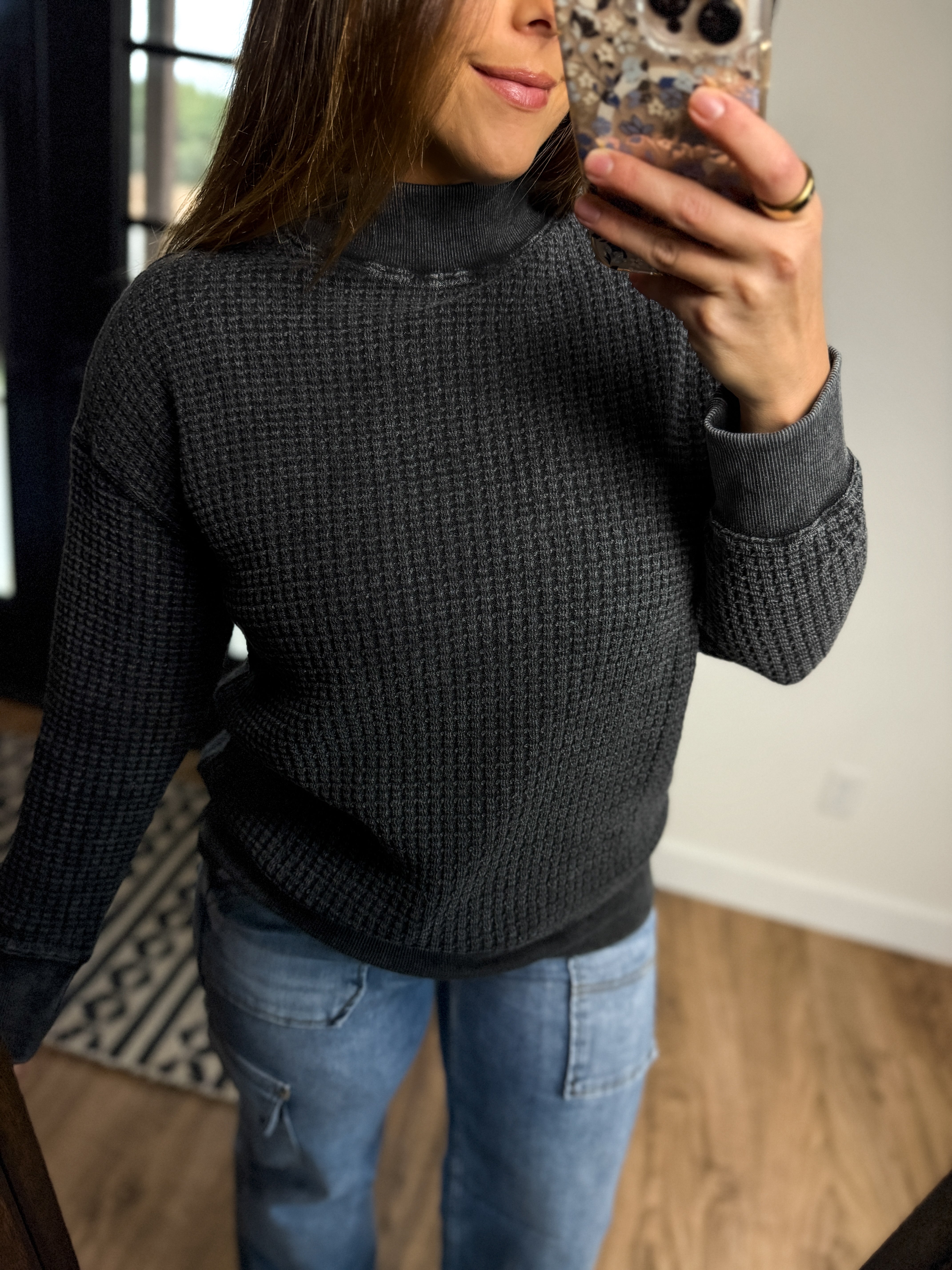 Chunky Waffle Mock Neck Sweater - Black