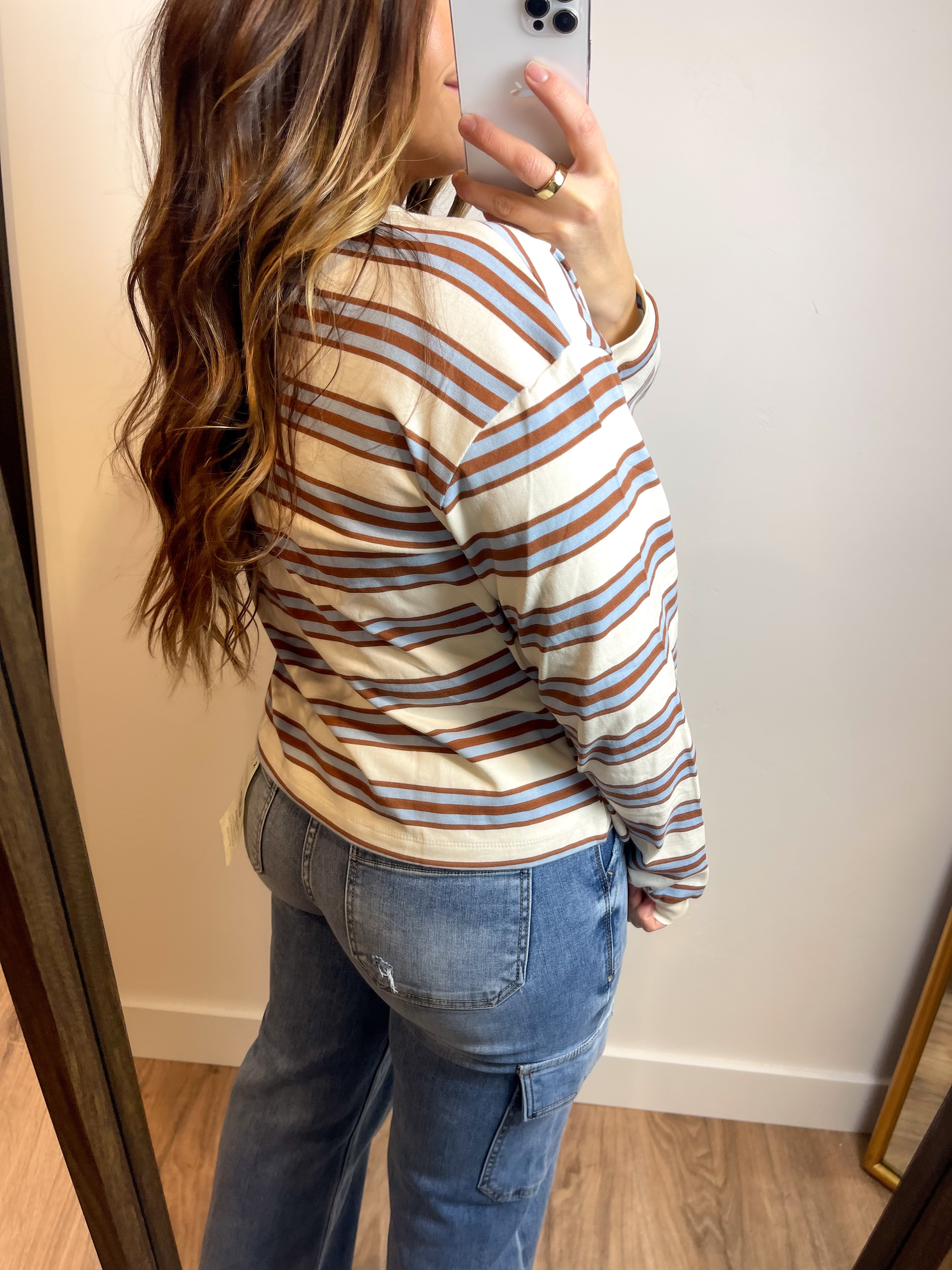 Knit Cotton Multicolor Stripe Crew Neck - Blue Camel