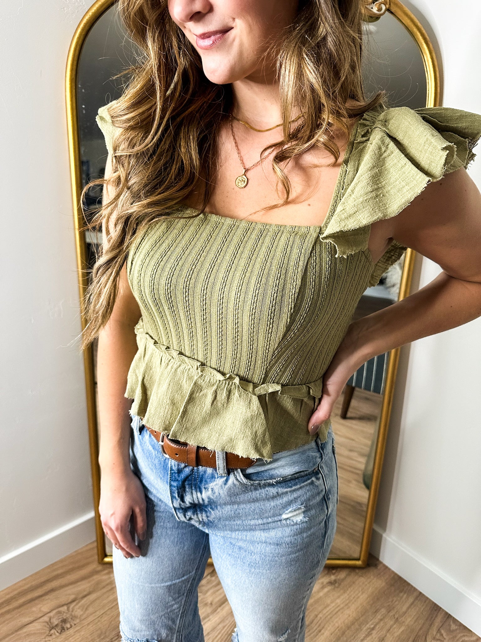 SQUARE NECK RUFFLED KNIT TOP - Olive