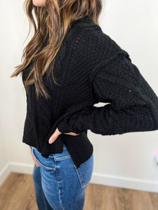 Cody Cropped Cable Knit Sweater - Black