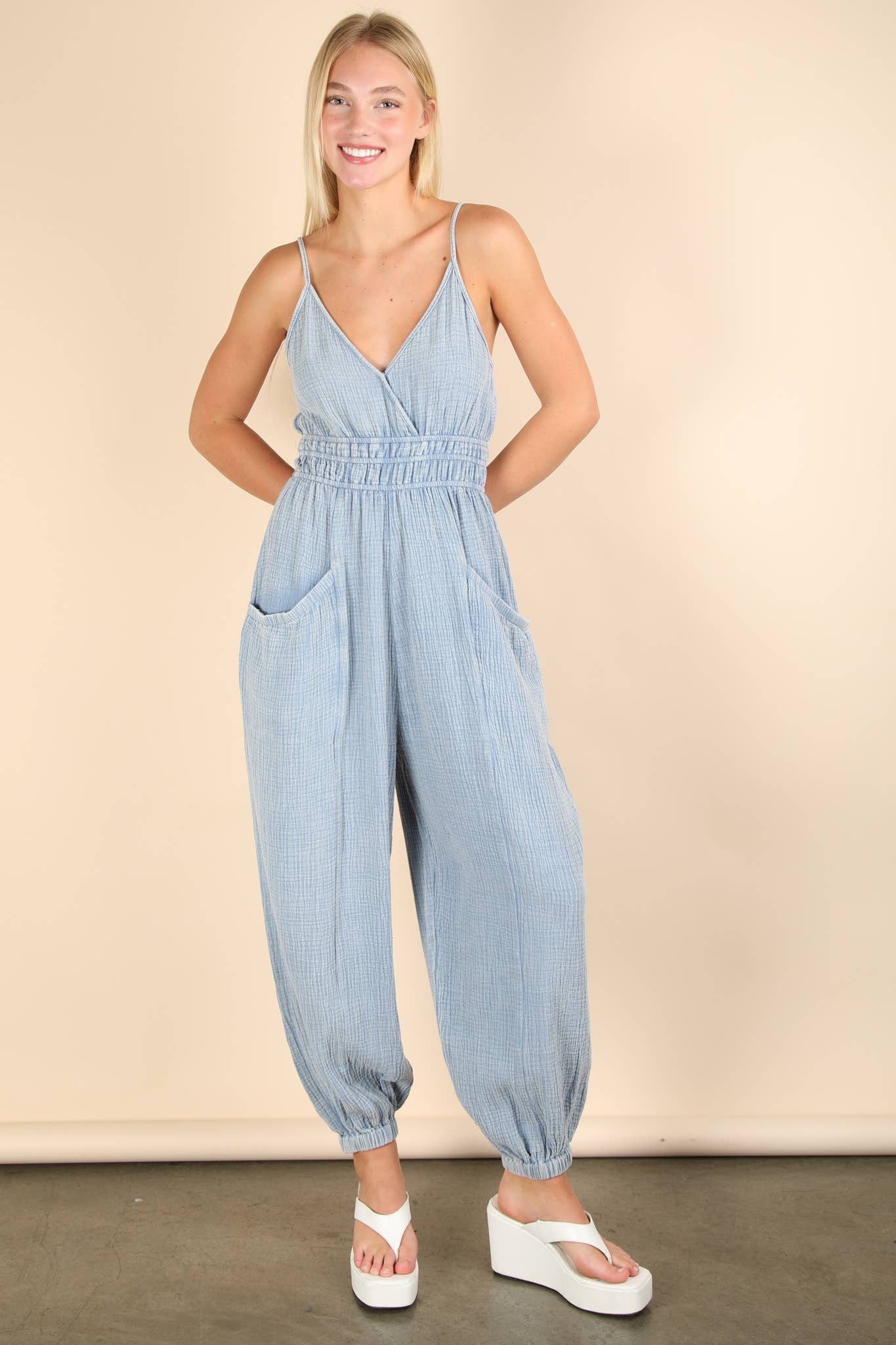 Morgan Mineral Washed Cotton Gauze Casual Jumpsuit - Denim Blue