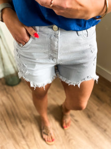 High Rise Distressed Shorts - Ice Blue