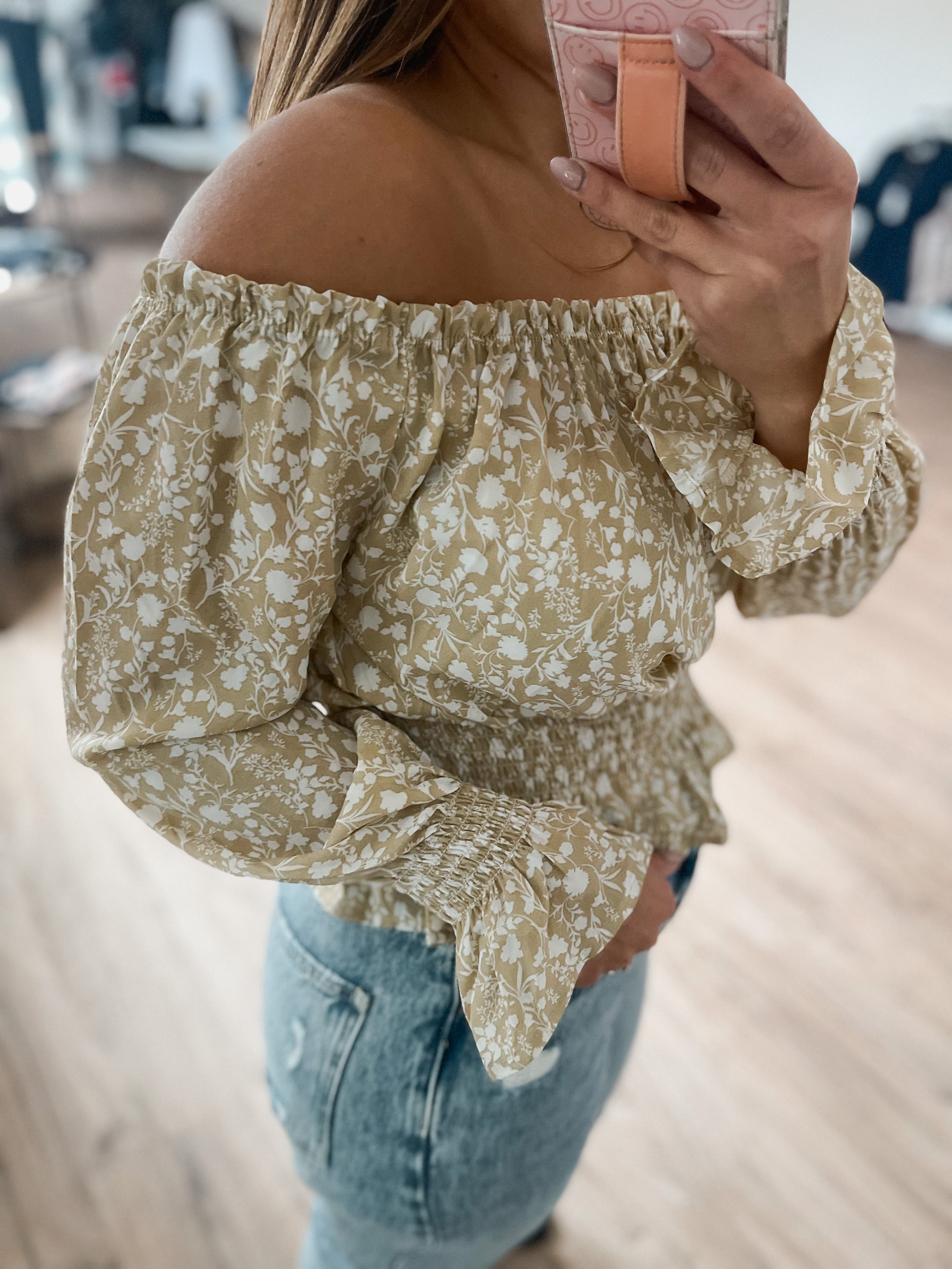 Off Shoulder Floral Print Blouse - Khaki/Ivory