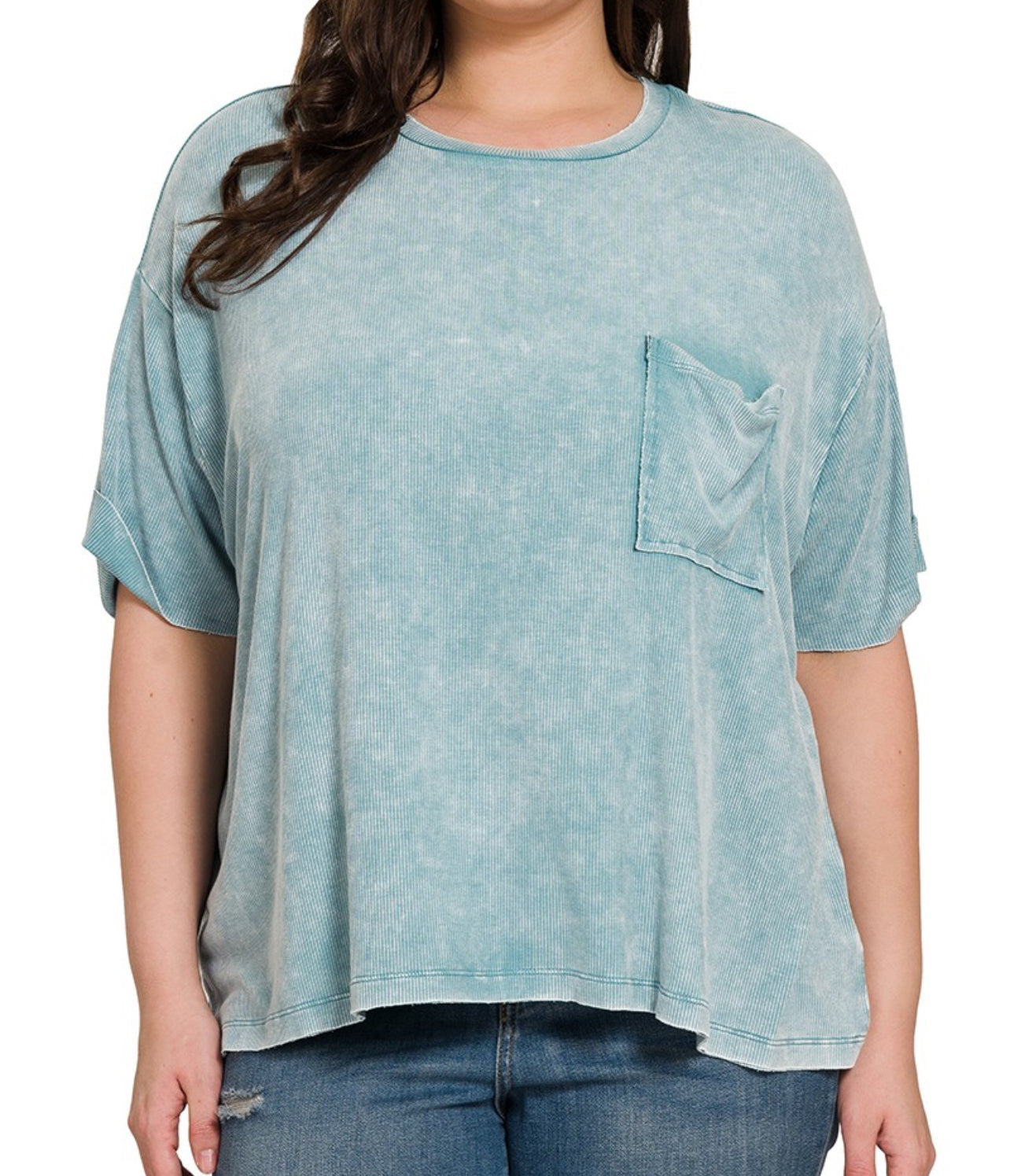 Curvy Spring Time Ribbed Top - Dusty Teal