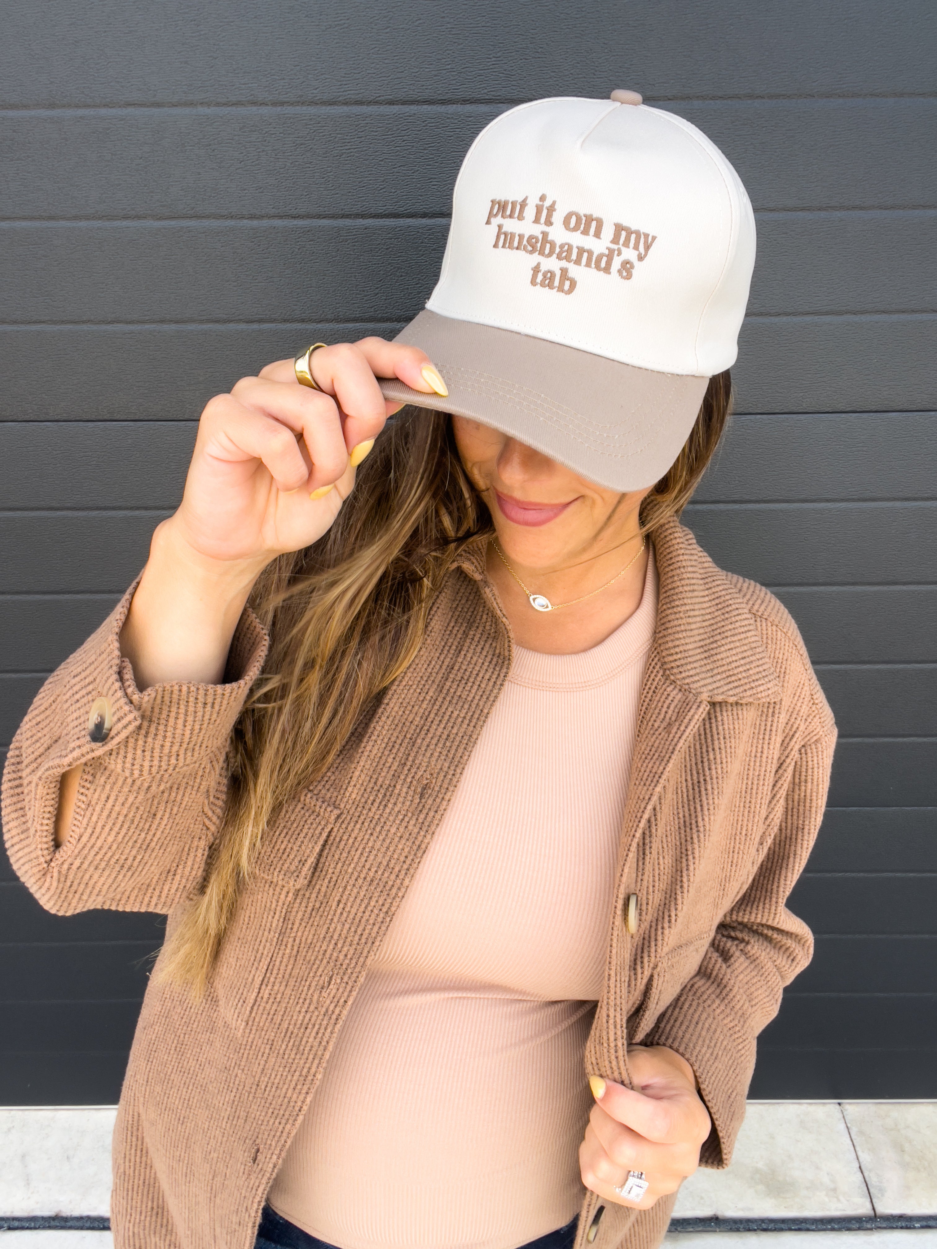 Put it on my husbands tab trucker hat - Taupe/Ivory