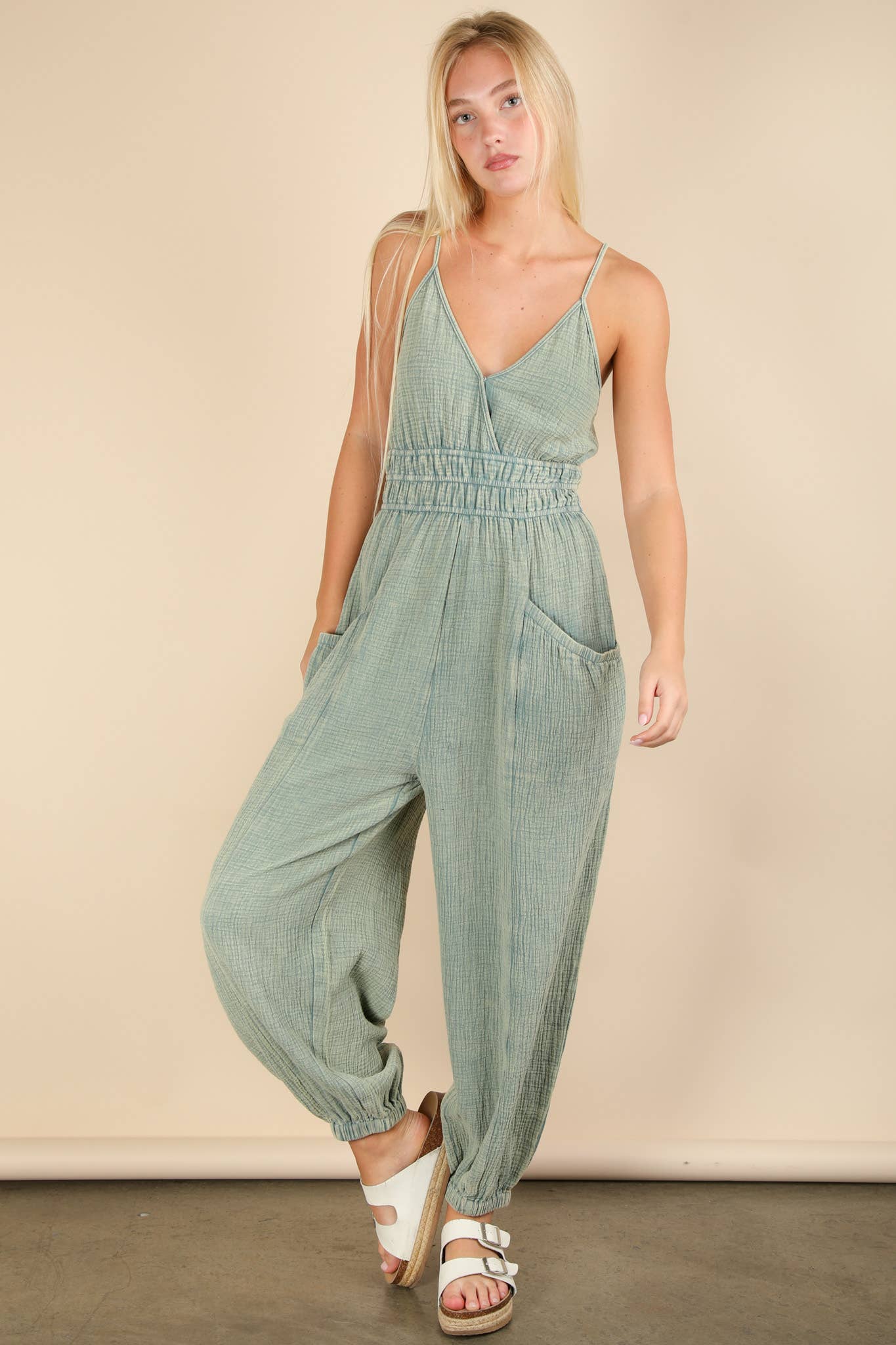 Morgan Mineral Washed Cotton Gauze Casual Jumpsuit - Sage