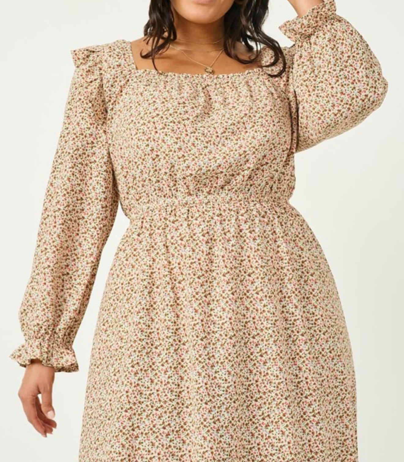 Curvy Ditsy Floral Long Sleeve Dress - Ivory