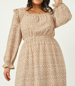 Curvy Ditsy Floral Long Sleeve Dress - Ivory
