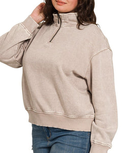 CURVY Ava Acid Wash Half Zip Pullover - Ash Mocha