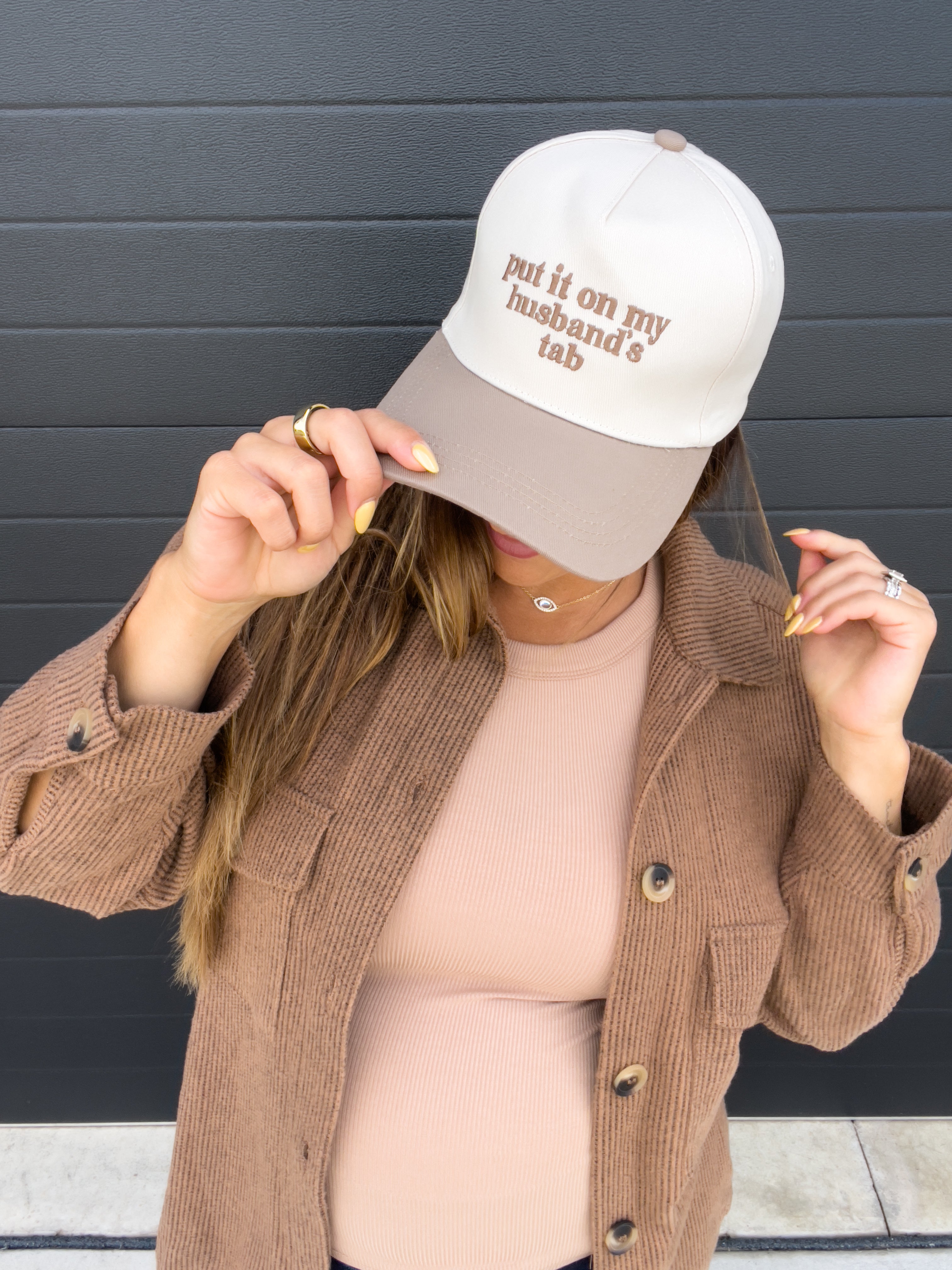 Put it on my husbands tab trucker hat - Taupe/Ivory