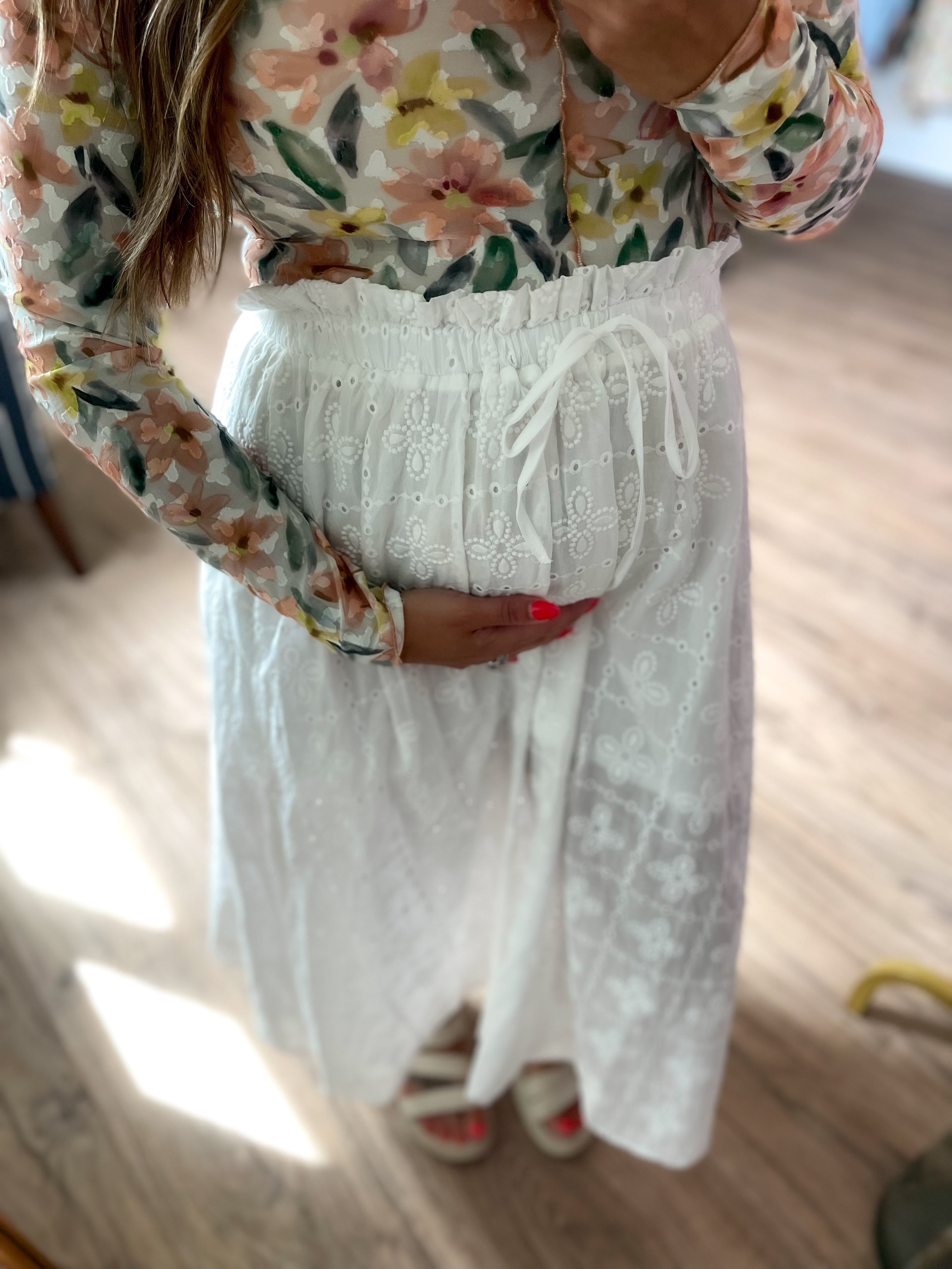 Eyelet Ruffle Detail Midi Skirt - White