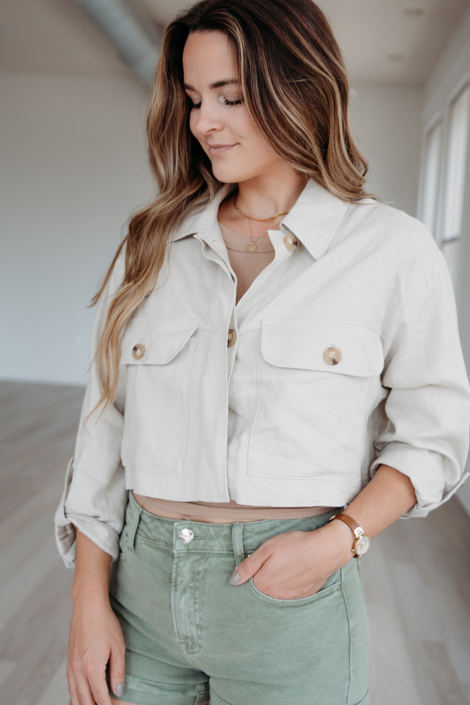 Sail Away Long Sleeve Cropped Top - Linen