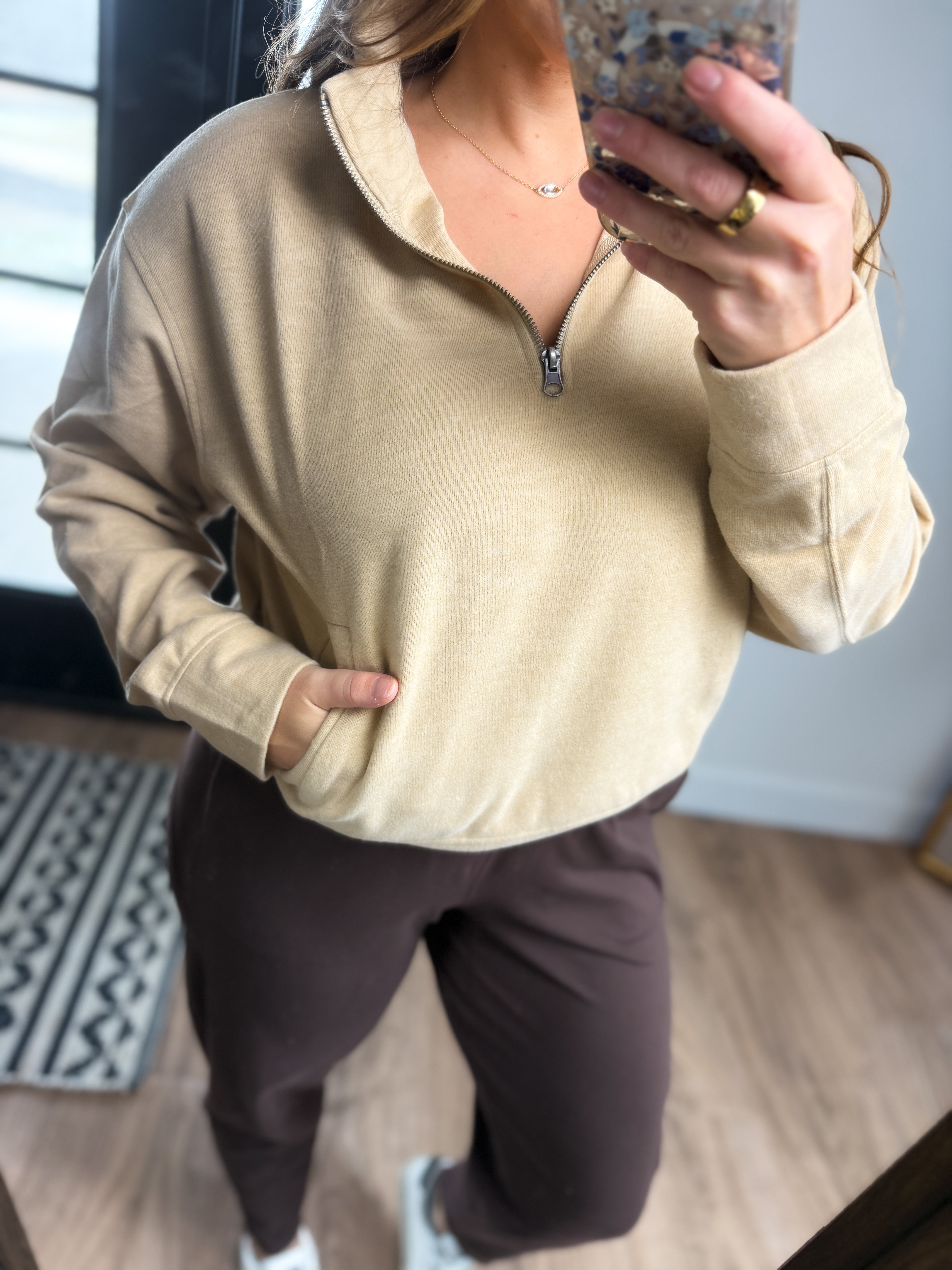 **DOORBUSTER** Half Zip Sweatshirt With Front Pockets - Taupe
