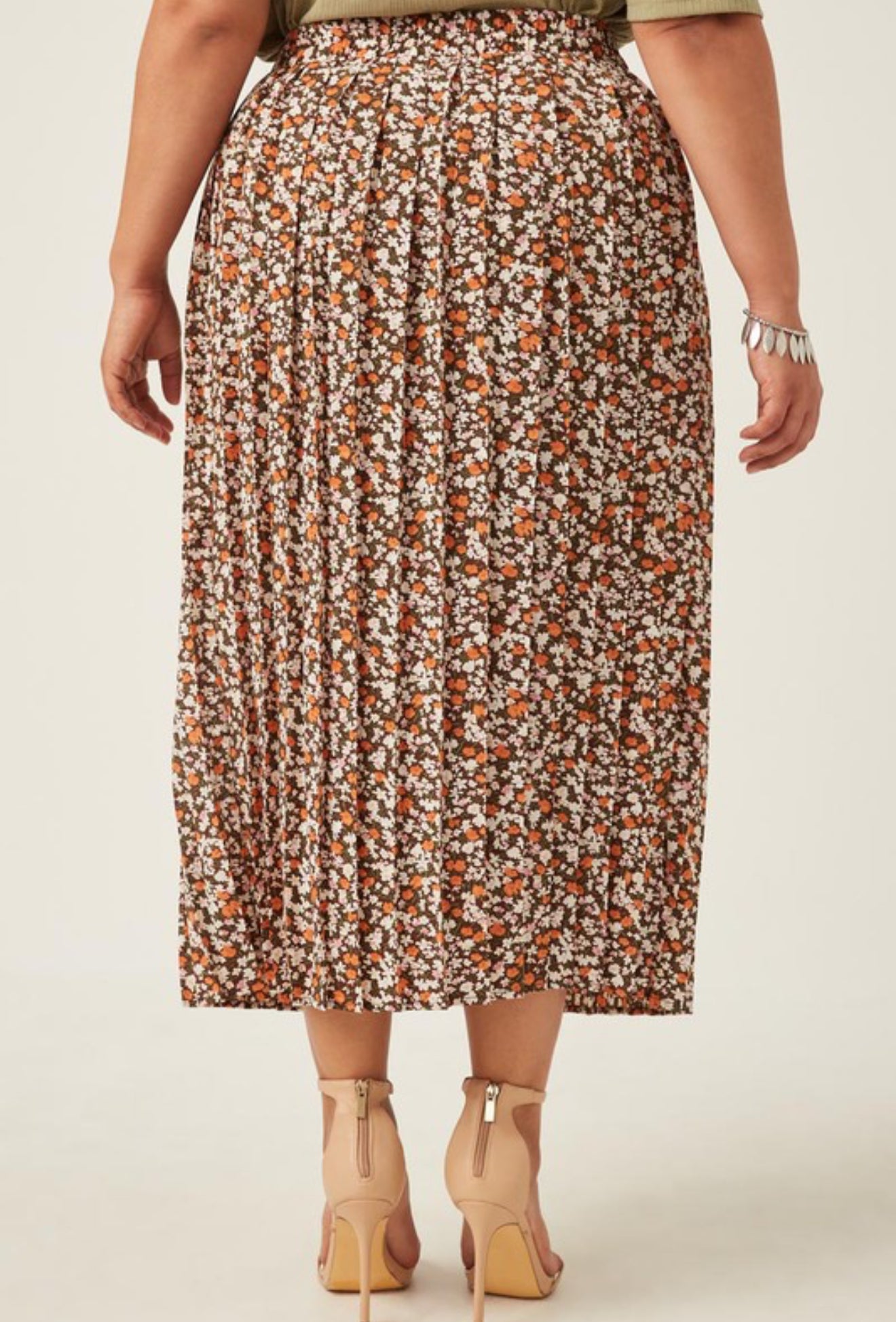CURVY Floral Printed Button Up Pleated Skirt