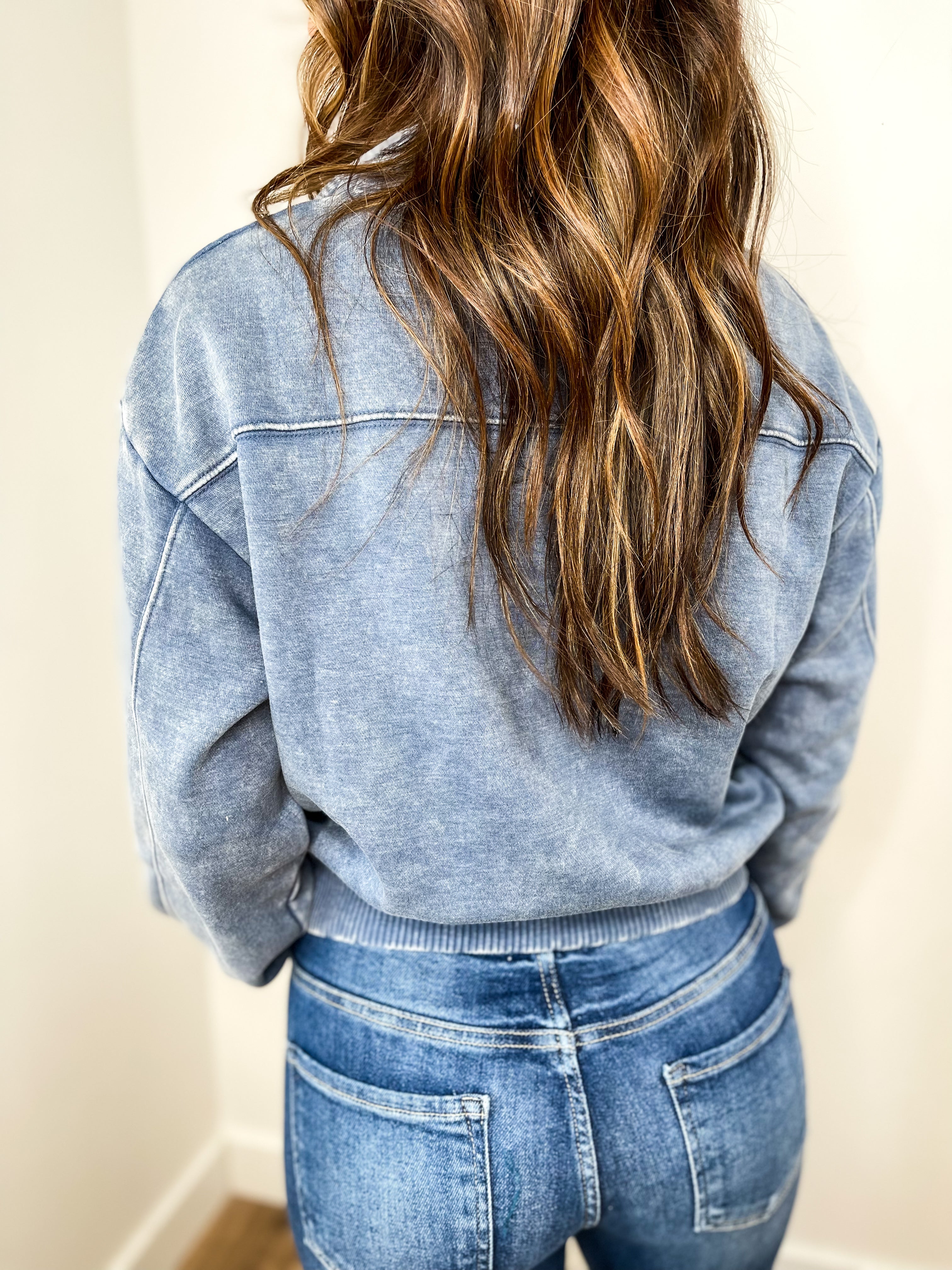 Ava Acid Wash Half Zip Pullover - Dusty Blue