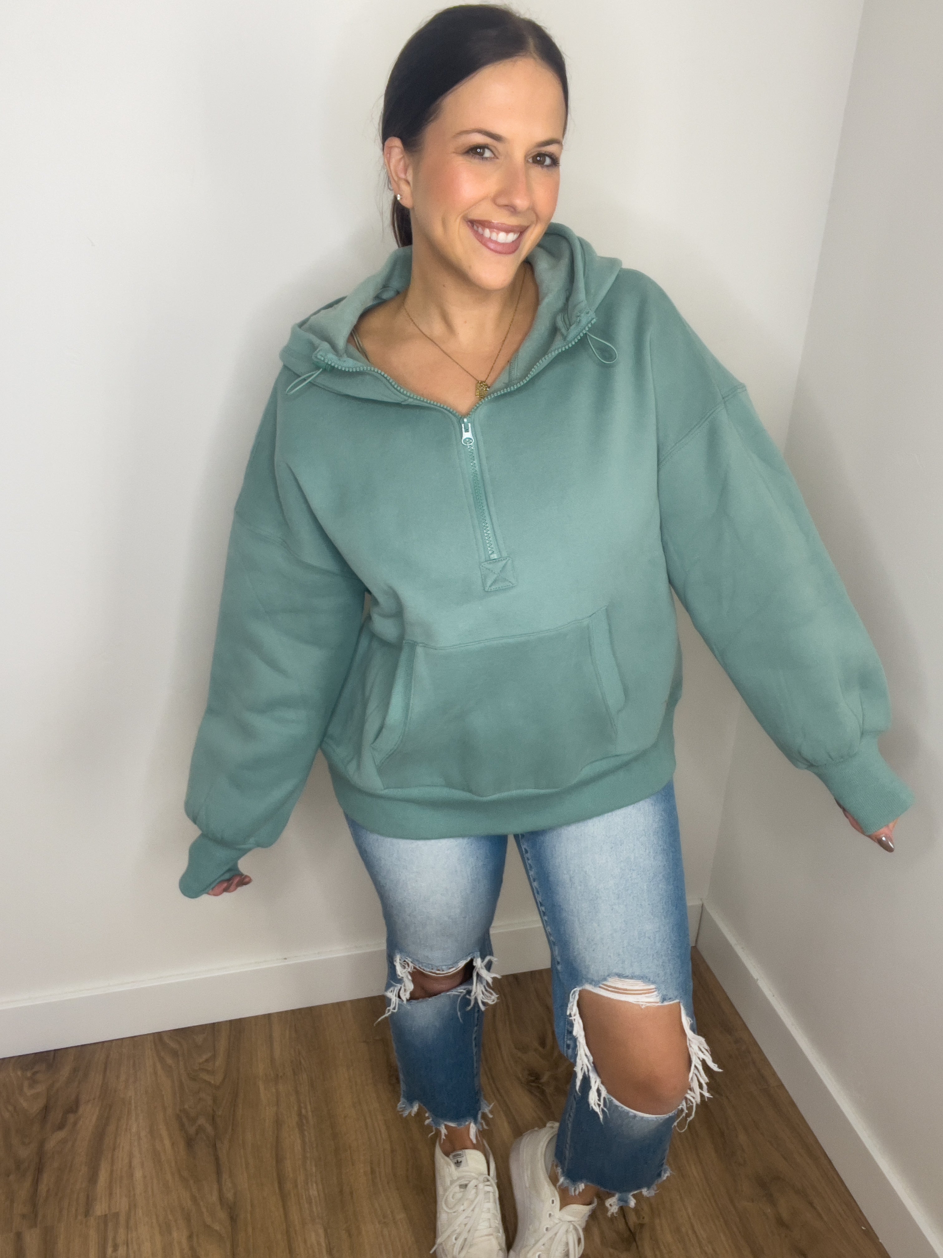 Oversized Half Zip Hoodie - Sage