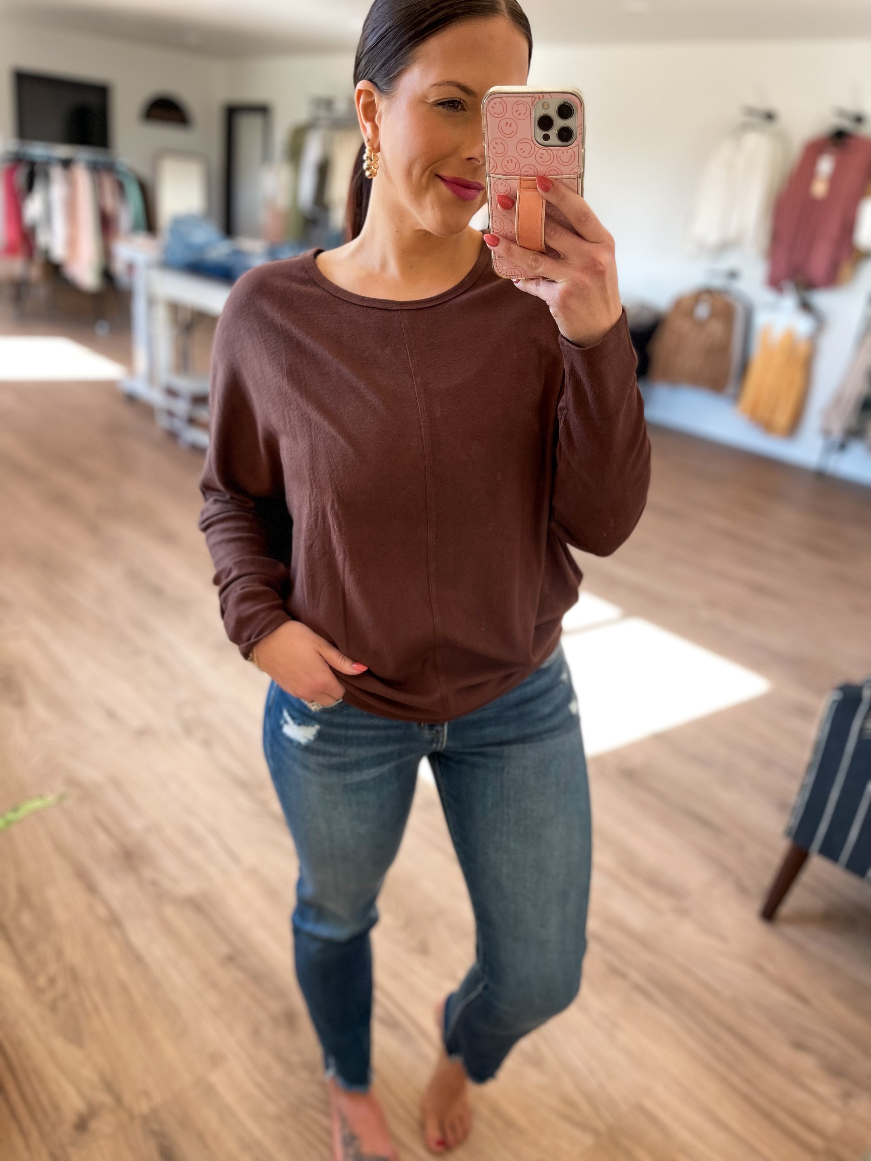 Dolman Sleeved Oversized Comfy Knit Top - Chocolate