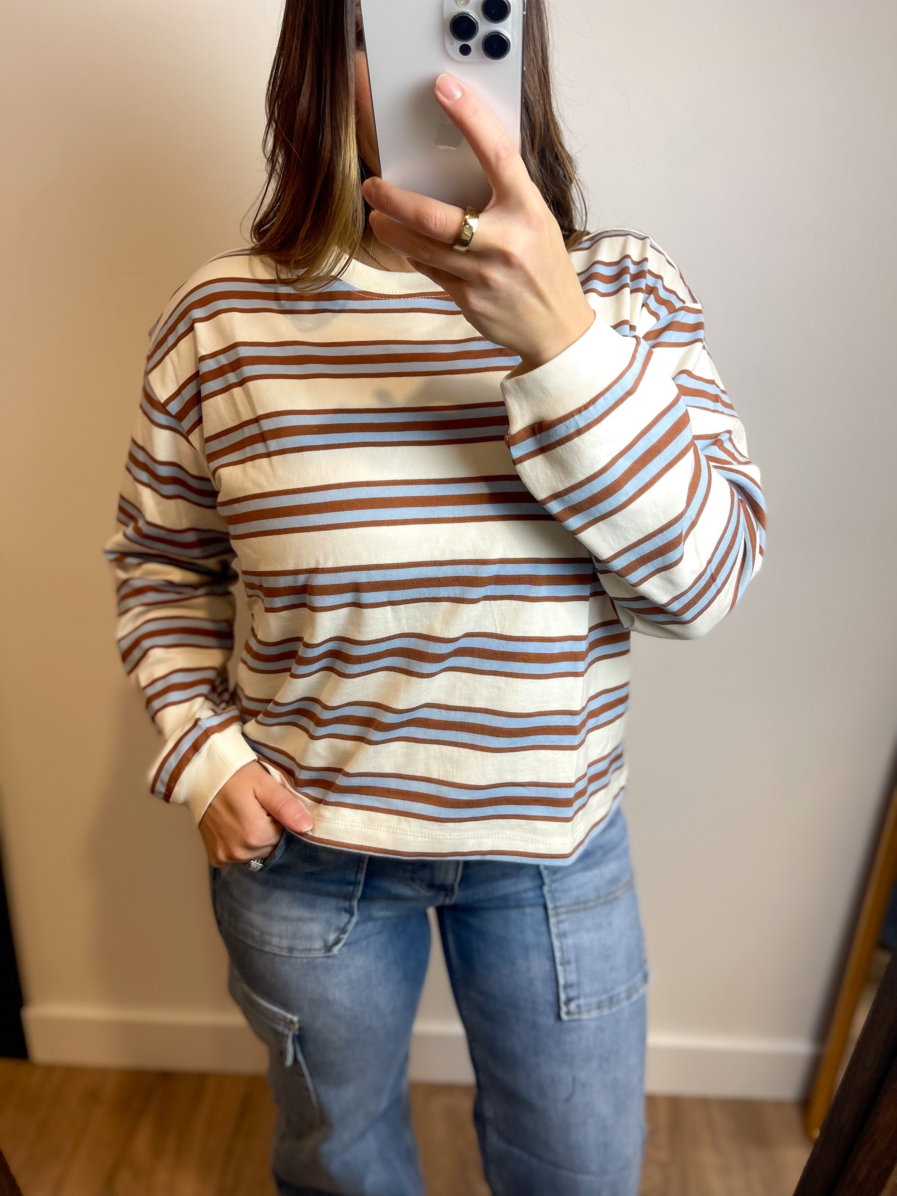 Knit Cotton Multicolor Stripe Crew Neck - Blue Camel