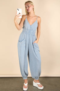 Morgan Mineral Washed Cotton Gauze Casual Jumpsuit - Denim Blue
