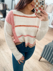 Mona Knit Stripe Pullover Sweater - White/Pink