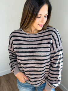 Sophia Relaxed Striped Knit Sweater - Mocha Brown