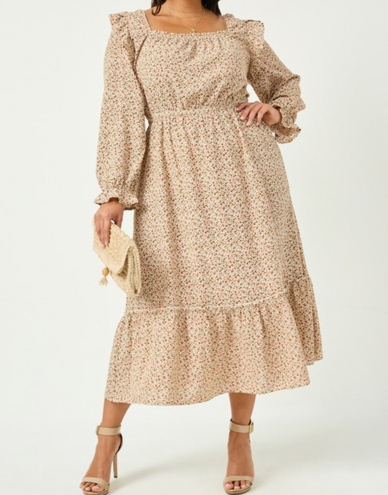 Curvy Ditsy Floral Long Sleeve Dress - Ivory