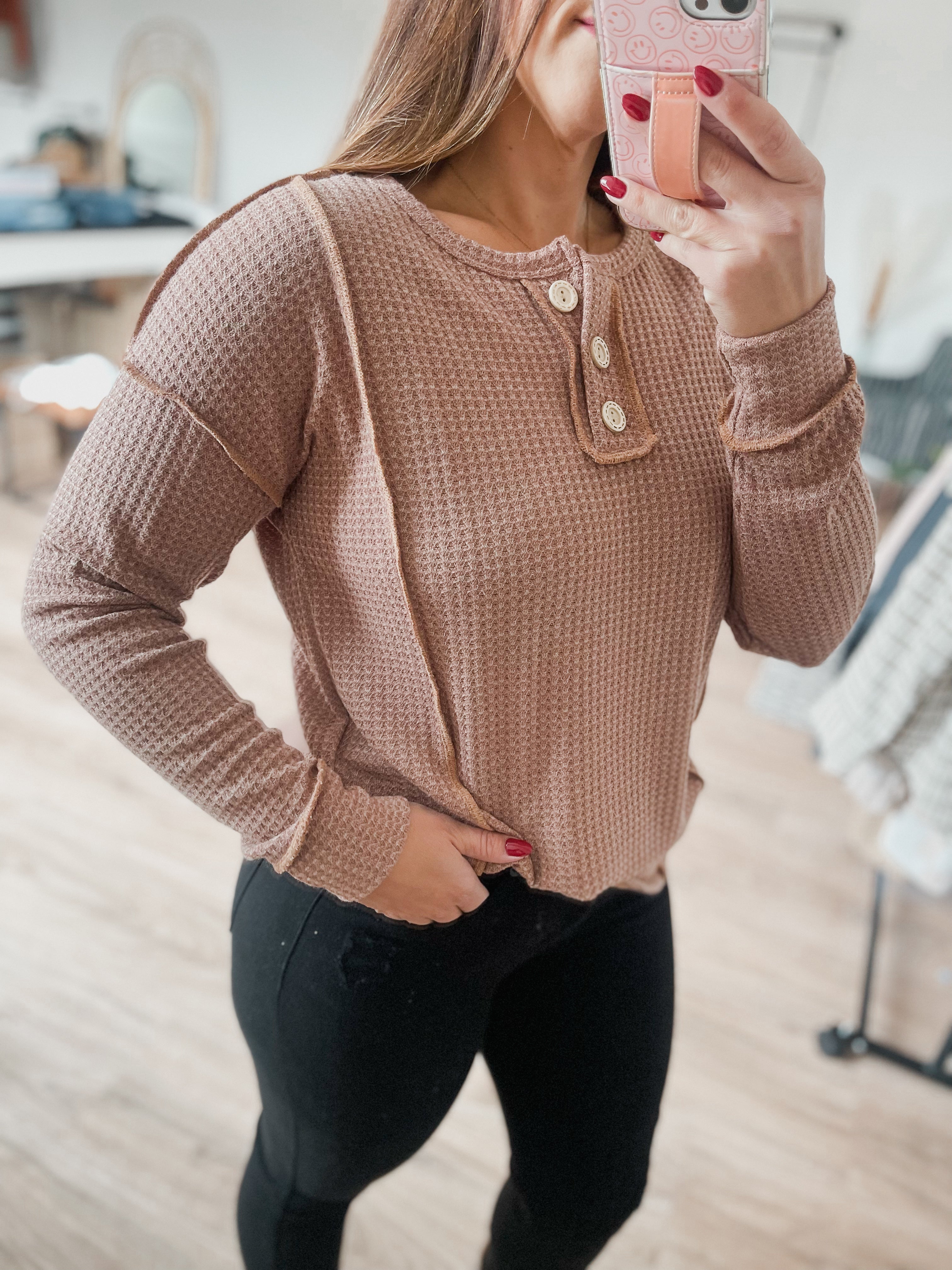 Kate Waffle Knit Button Top - Camel