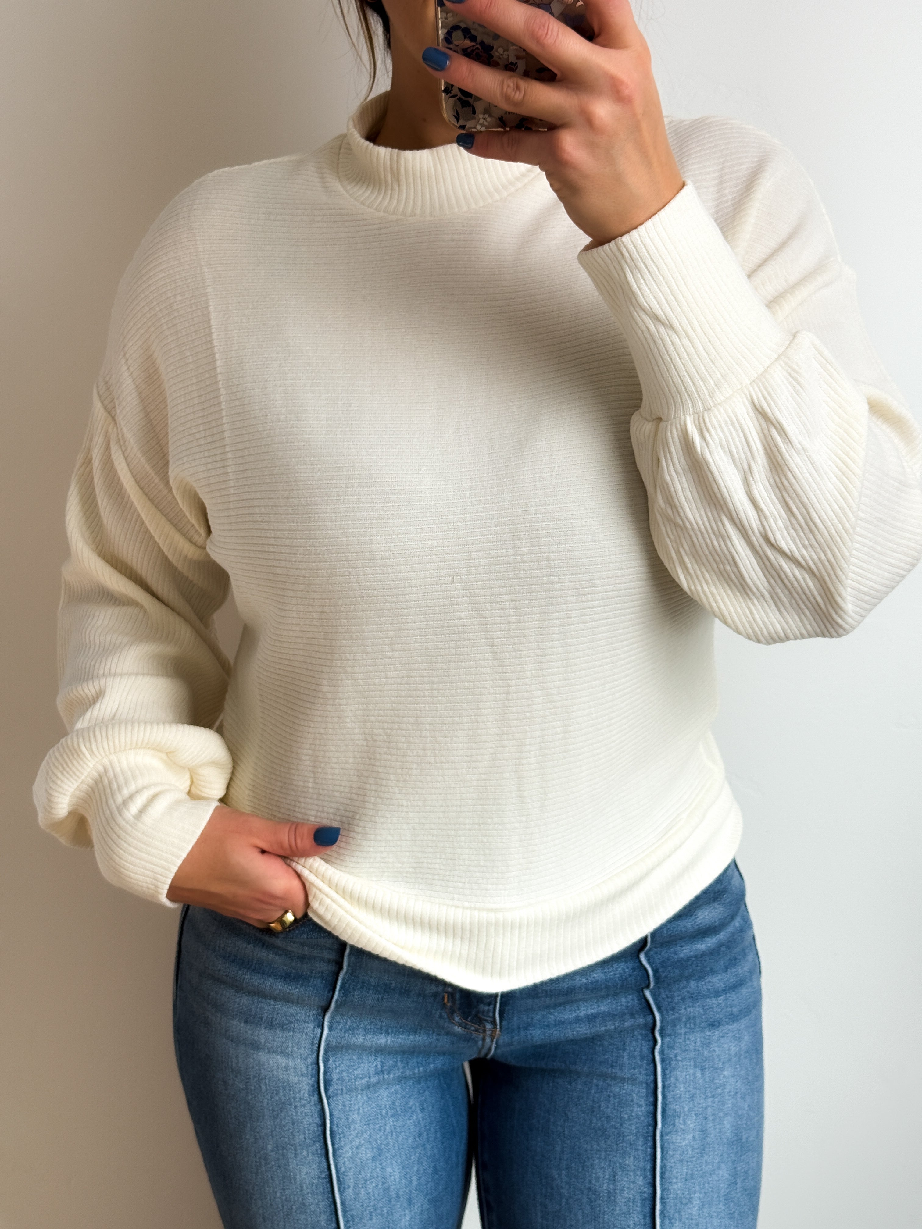 **DOORBUSTER** Ribbed Balloon Sleeve Top - Cream