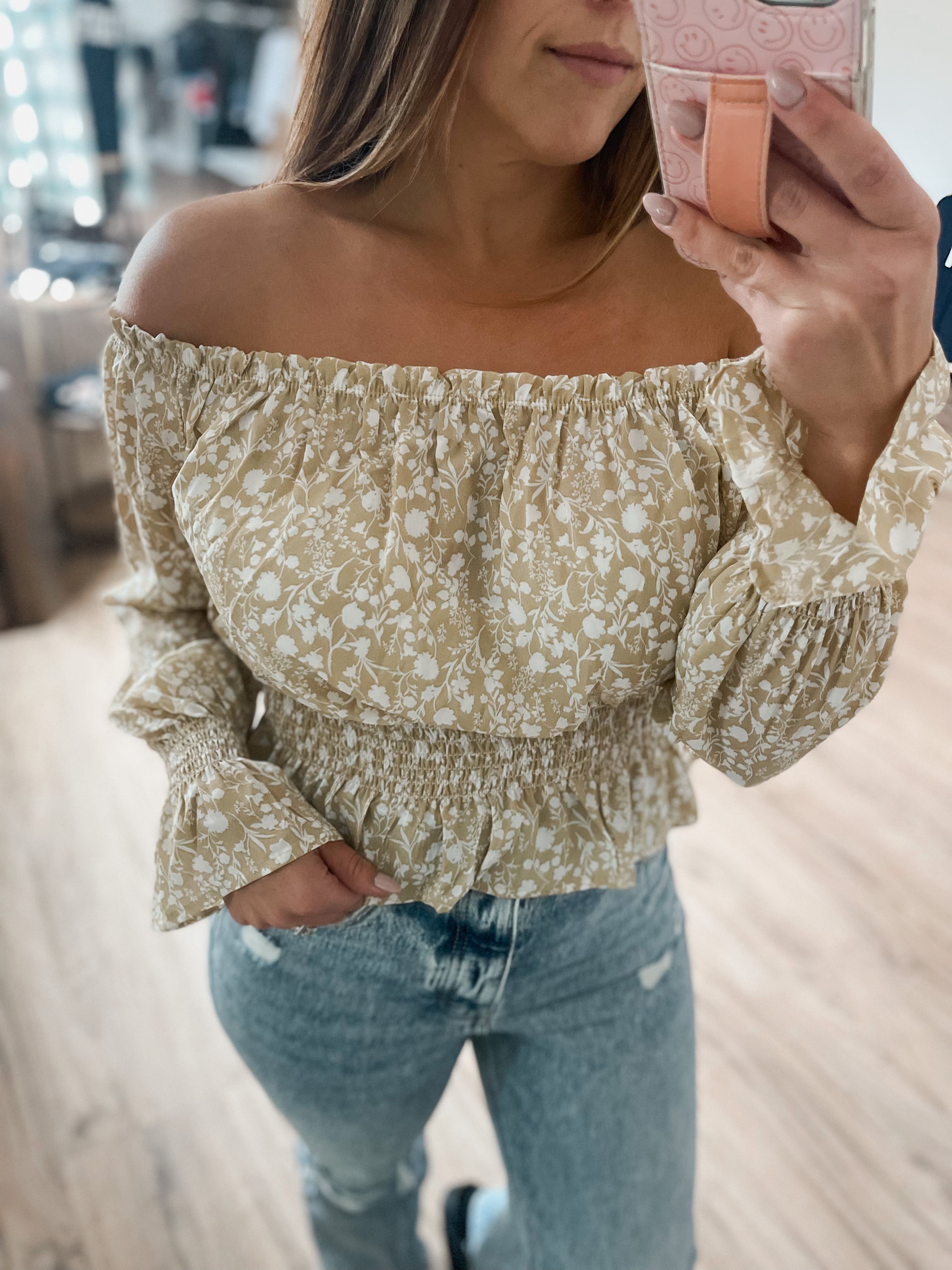 Off Shoulder Floral Print Blouse - Khaki/Ivory