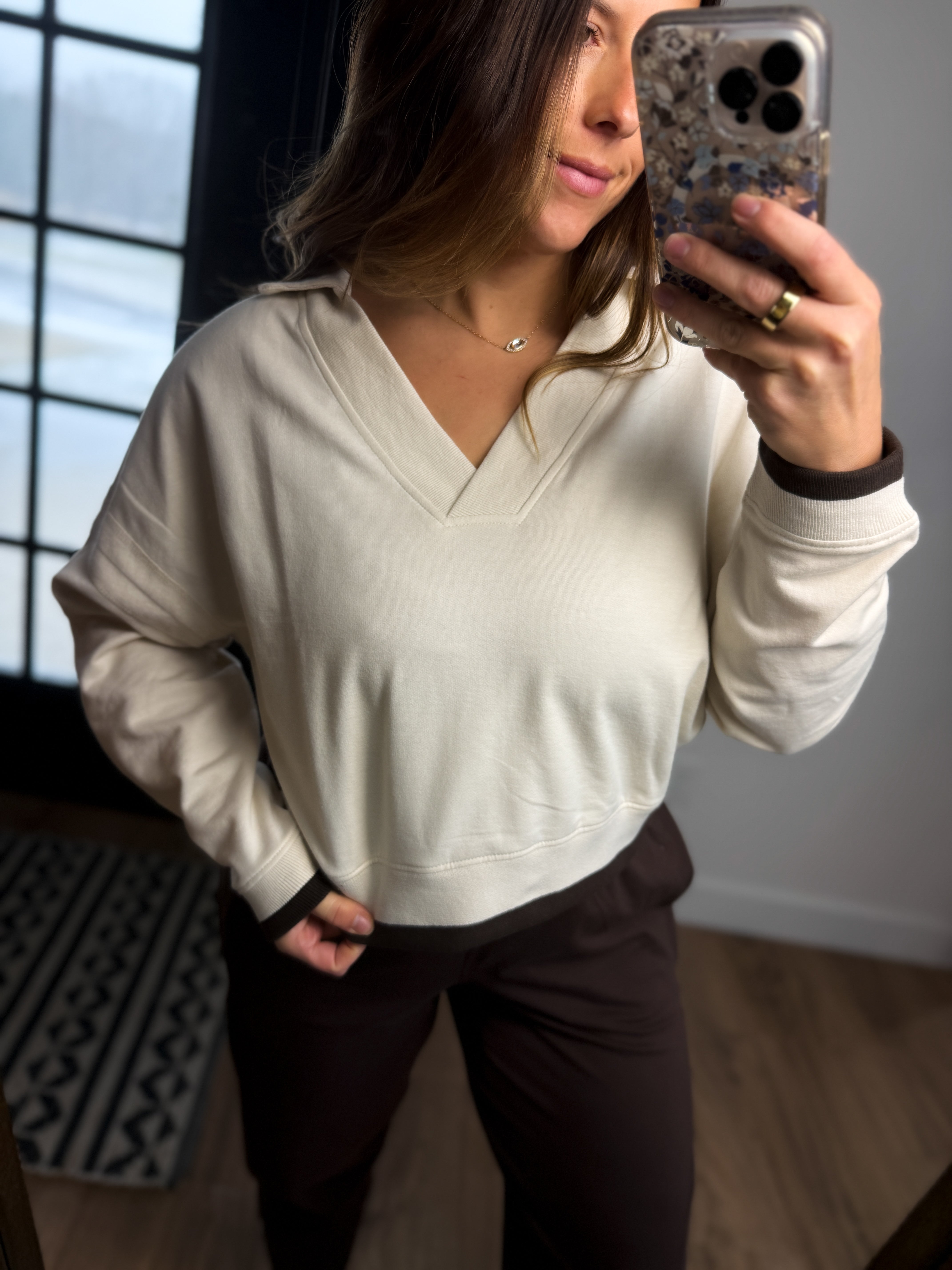 Varsity Line Pullover Sweater - Birch/Espresso