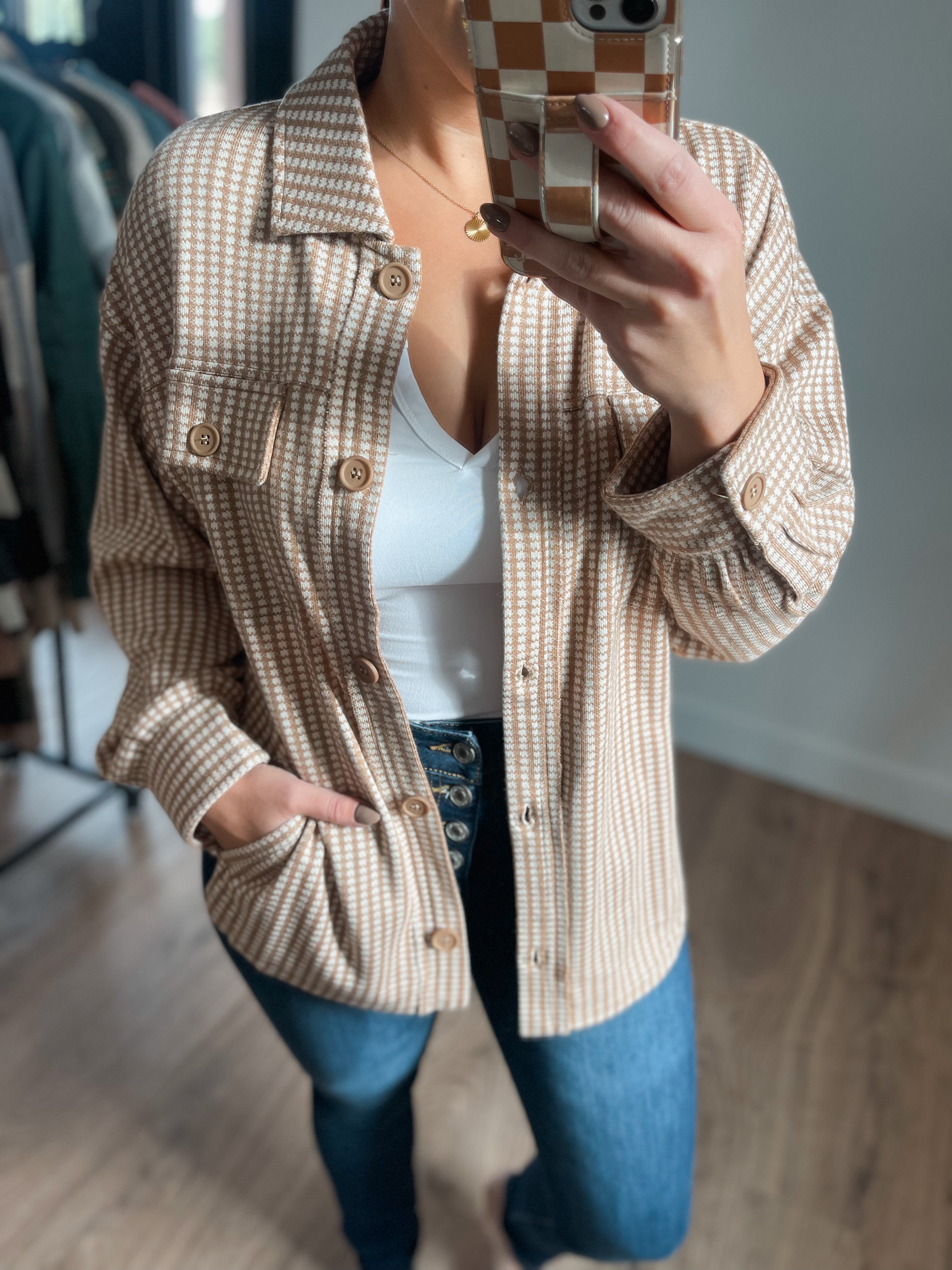 Charity Double Knit Checkered Shacket - Taupe