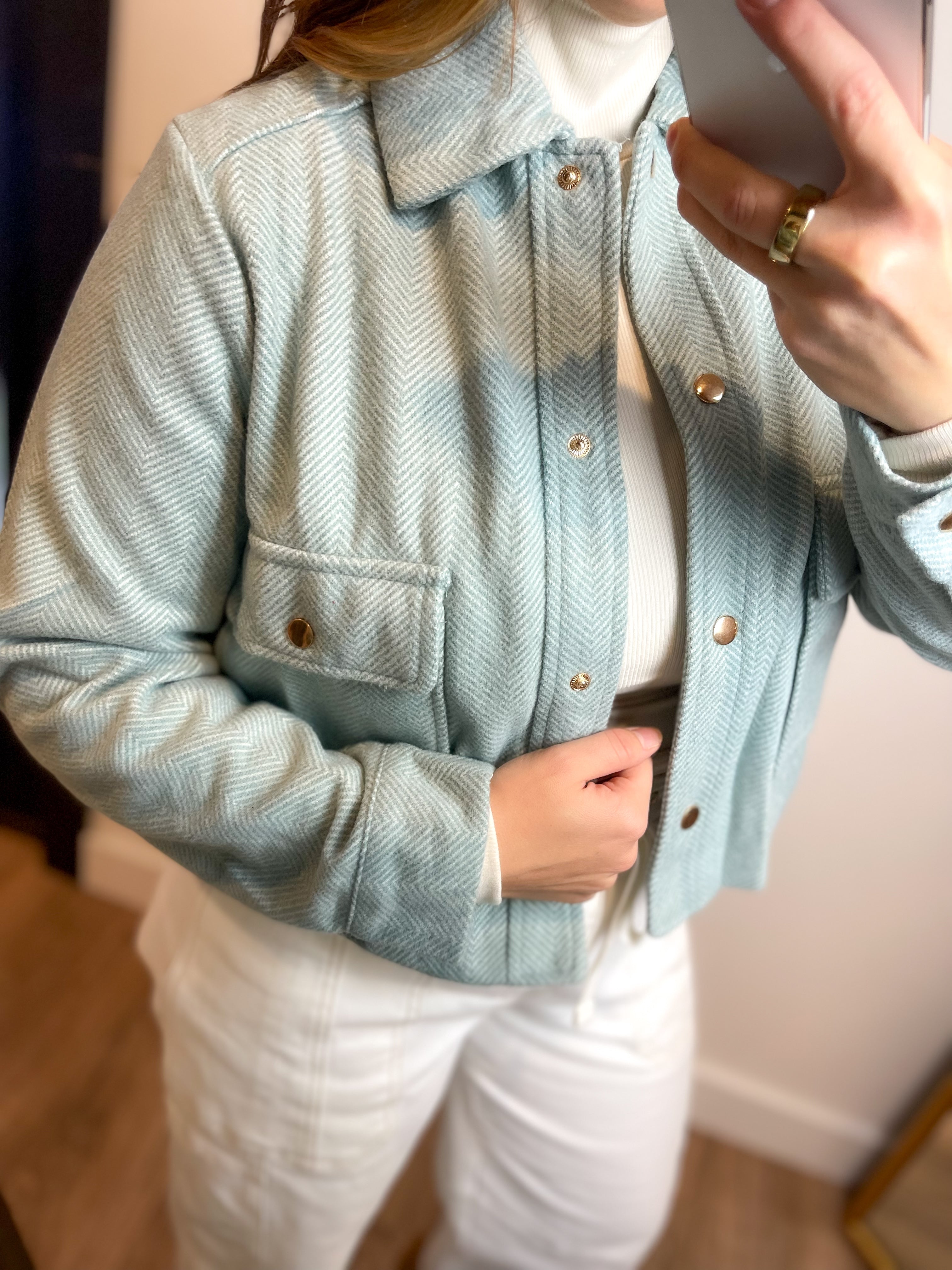 **DOORBUSTER** Herringbone Crop Button Down Jacket - Teal