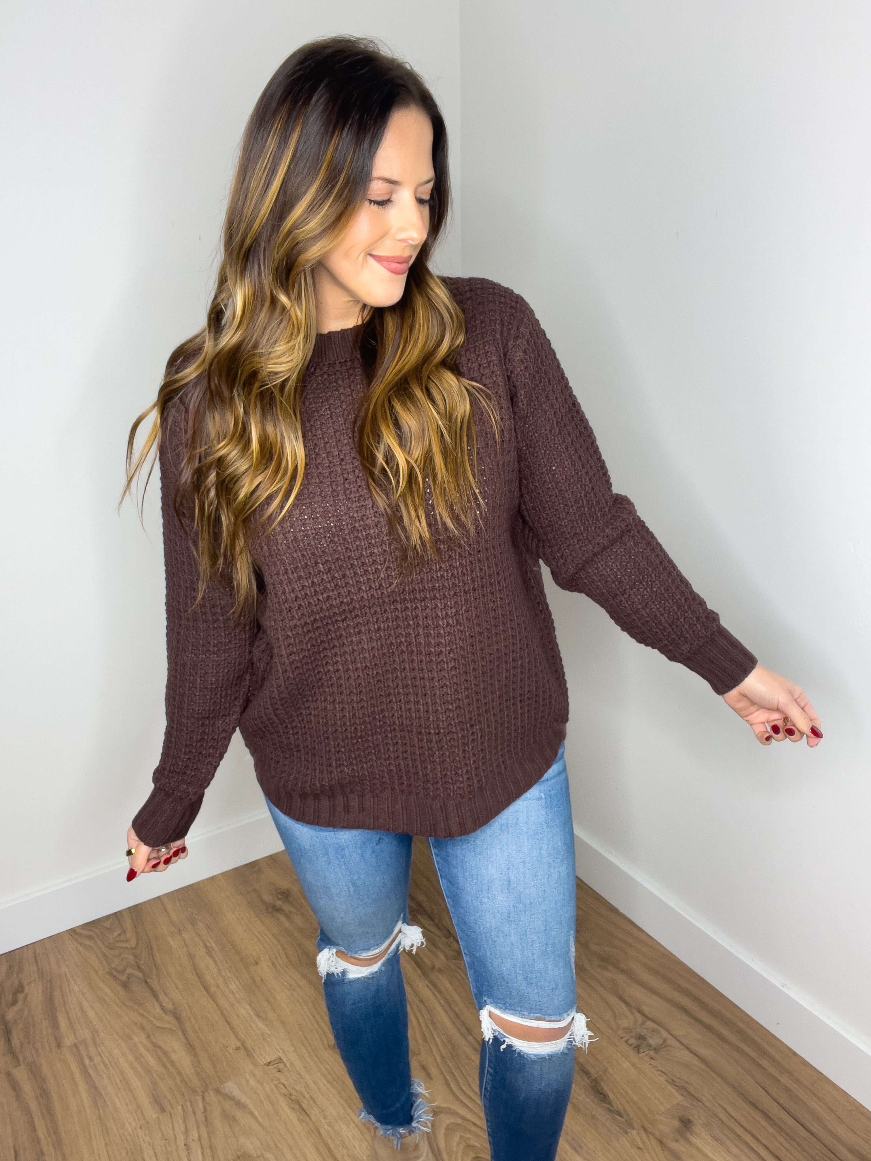 Hattie Hi-low Waffle Knit Sweater - Mahogany