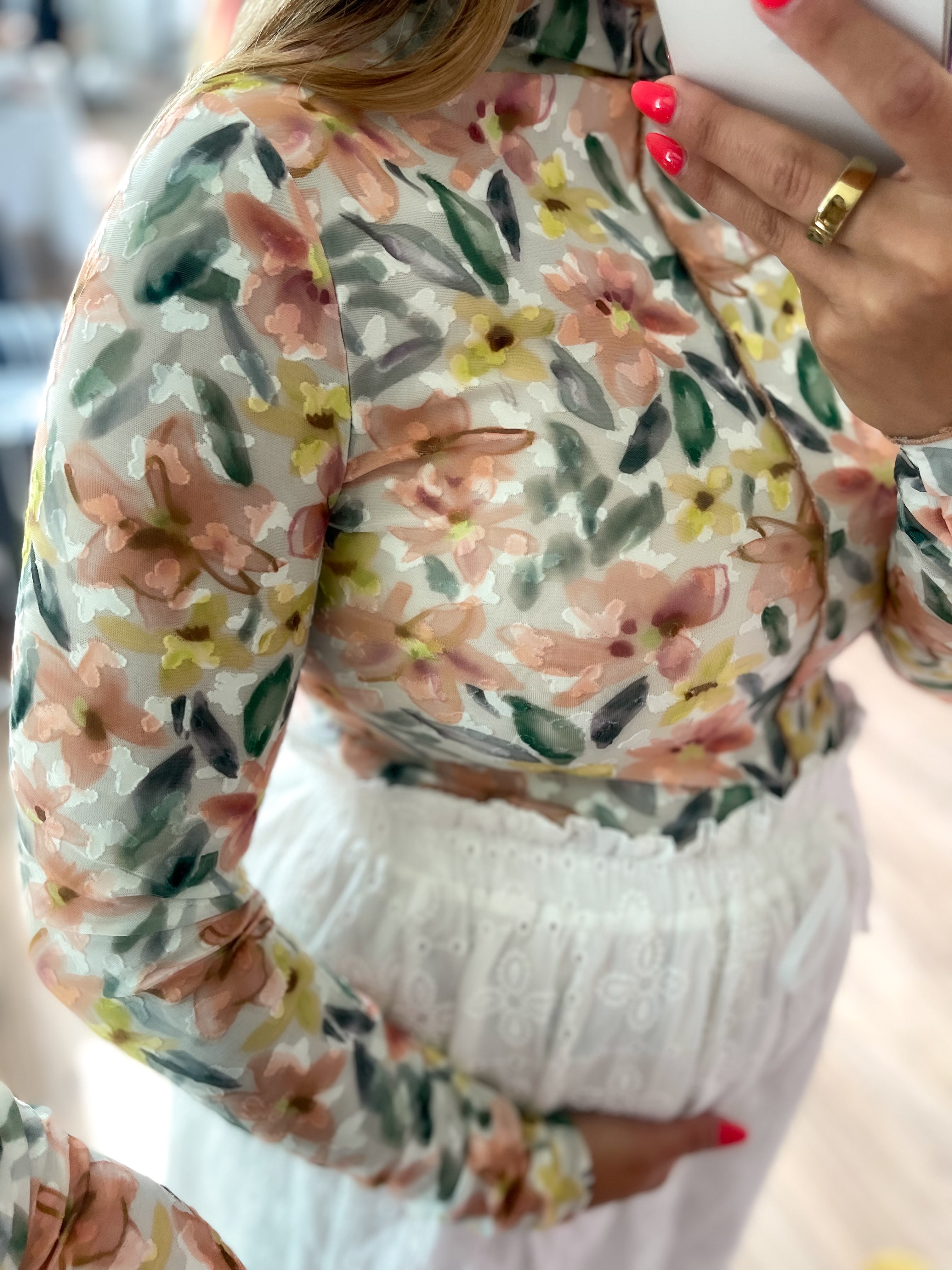 Salmon Floral Print Mesh Top